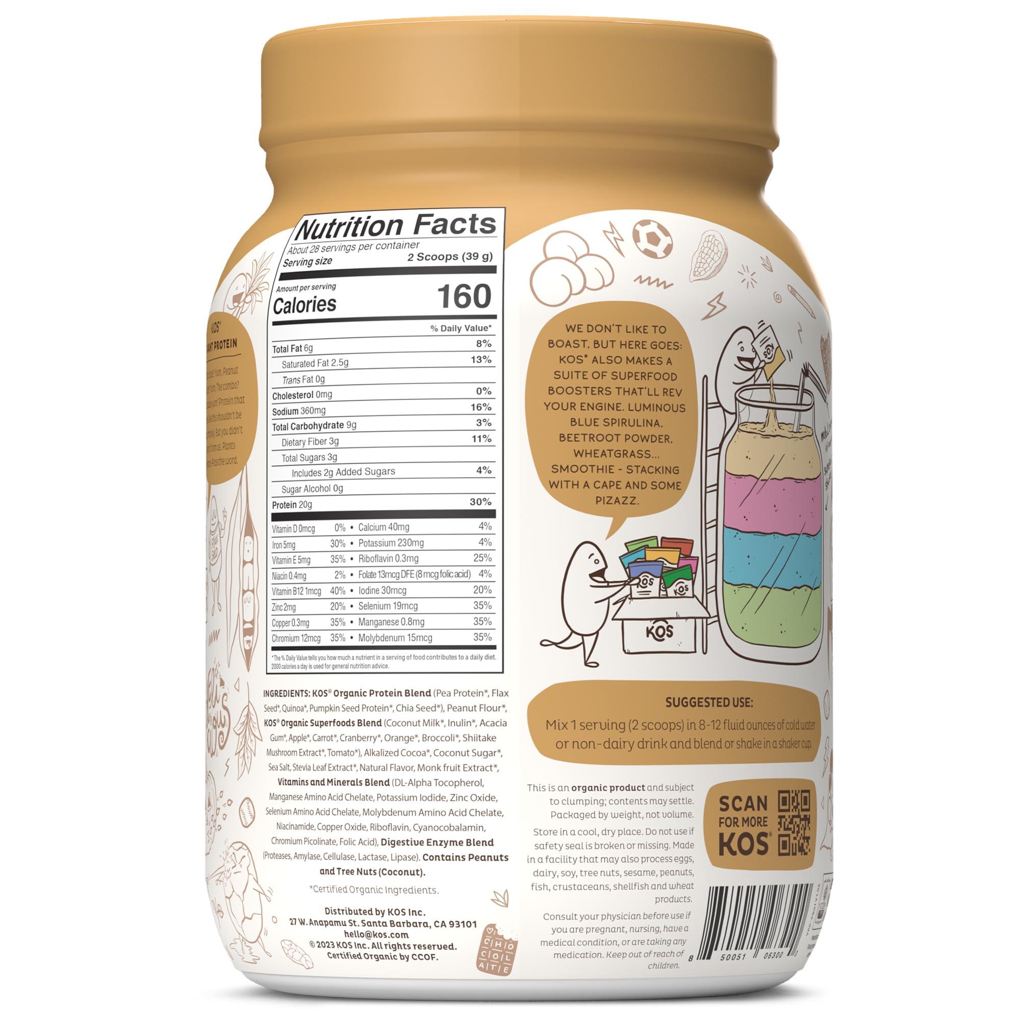 KOS KOS Organic Plant Based Protein Powder, Chocolate Peanut Butter - Delicious Vegan Protein Powder Meal Replacement - Keto Friendly, Gluten Free, Dairy Free & Soy Free - 2.4 lbs, 28 Servings