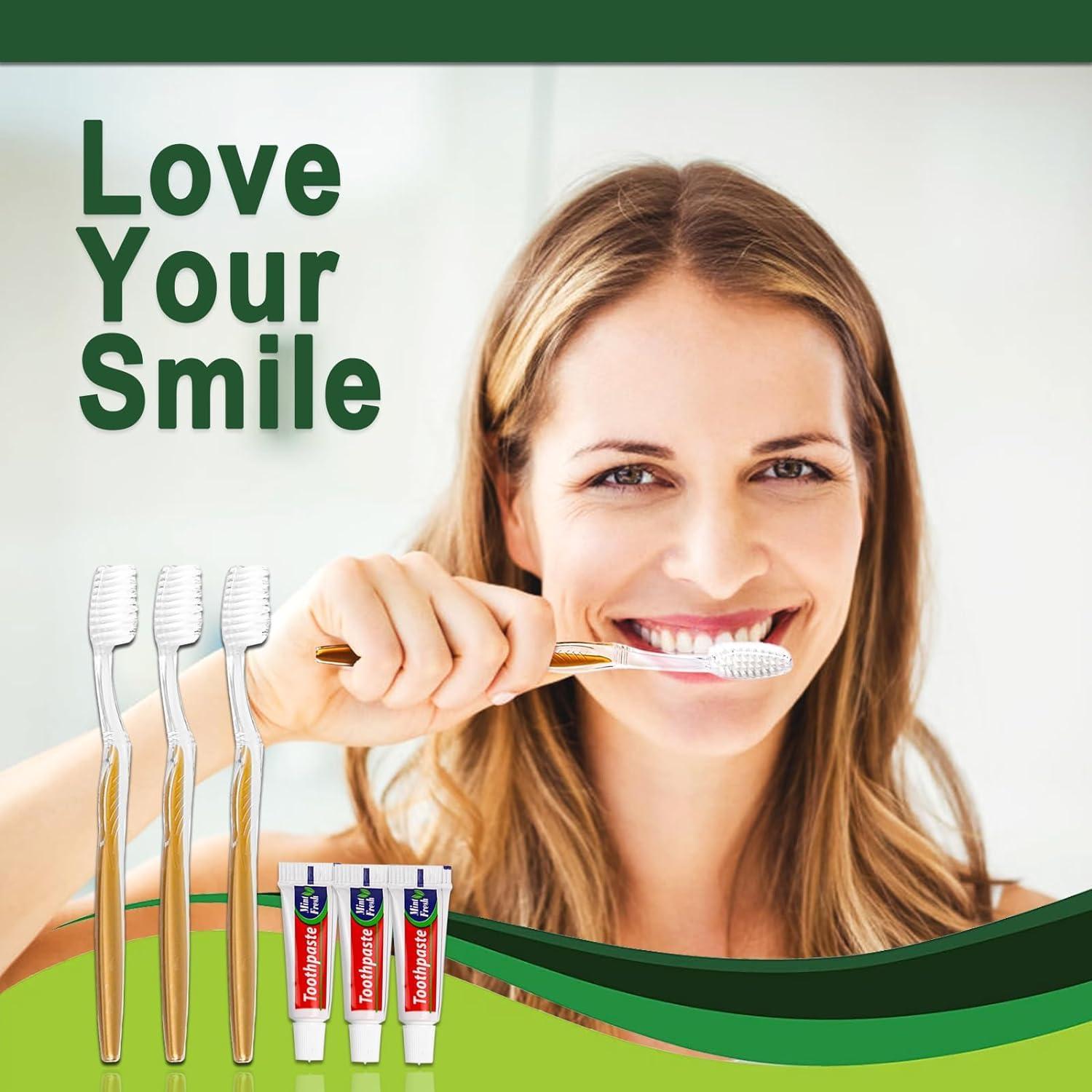 HQSLsund HQSLsund 20 pcs Disposable Toothbrush with Toothpaste Bulk Individually Wrapped, Travel Toothbrush Kit, Hotel Toothbrushes Bulk for Airbnb,Shelter/Wedding/Nursing Home/Charity/Homeless, Gold