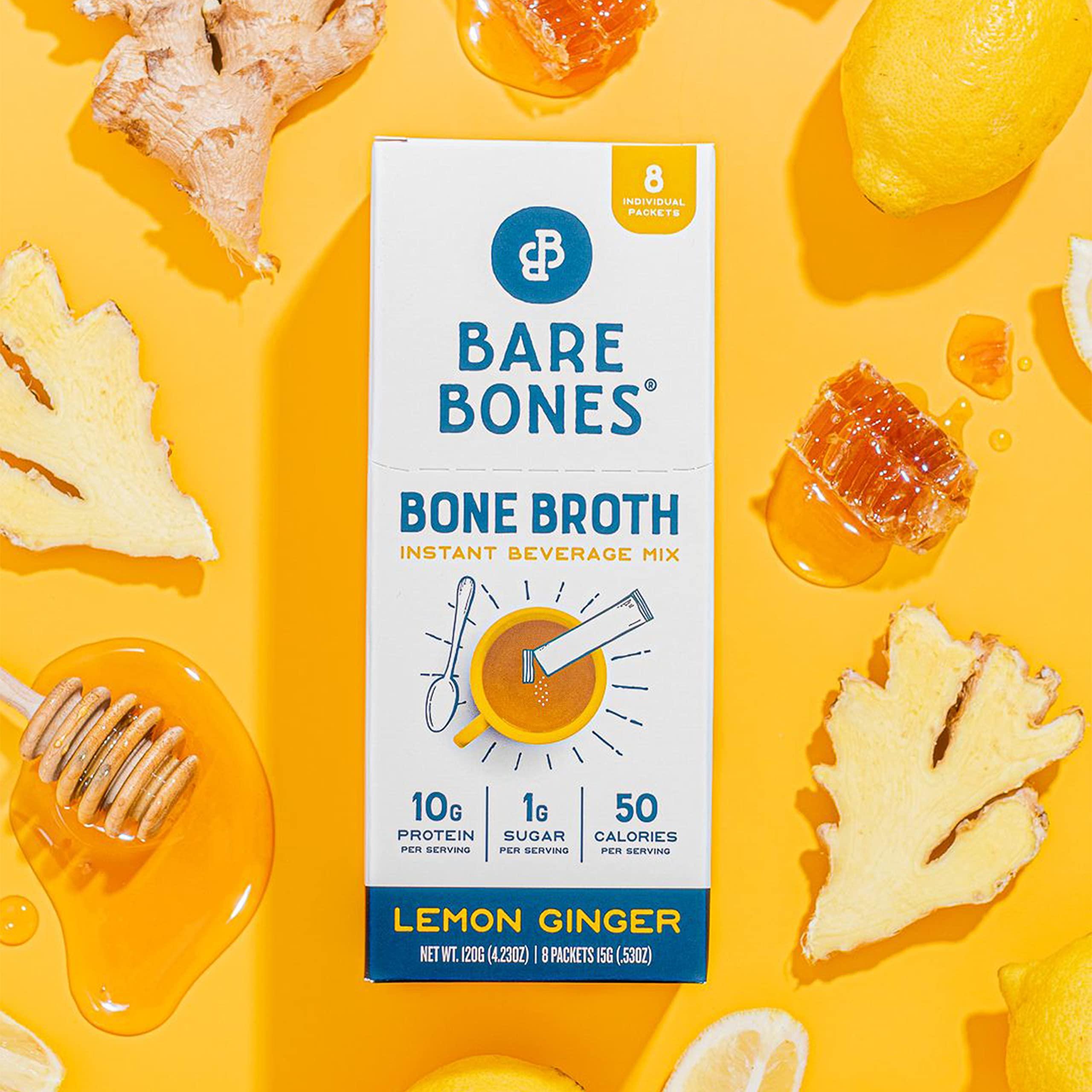 Bare Bones Bare Bones Bone Broth Instant Powdered Mix, Lemon Ginger, Pack of 8, 15g Sticks, 10g Protein, Keto & Paleo Friendly Bone Broth Packets