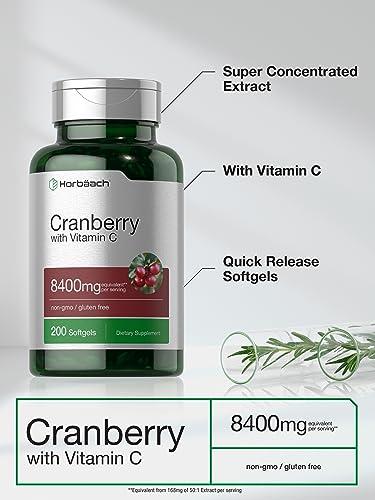 Horbach Horbach Cranberry Pills with Vitamin C | 8400mg | 200 Softgels | Concentrate Extract Supplement | Non-GMO, Gluten Free