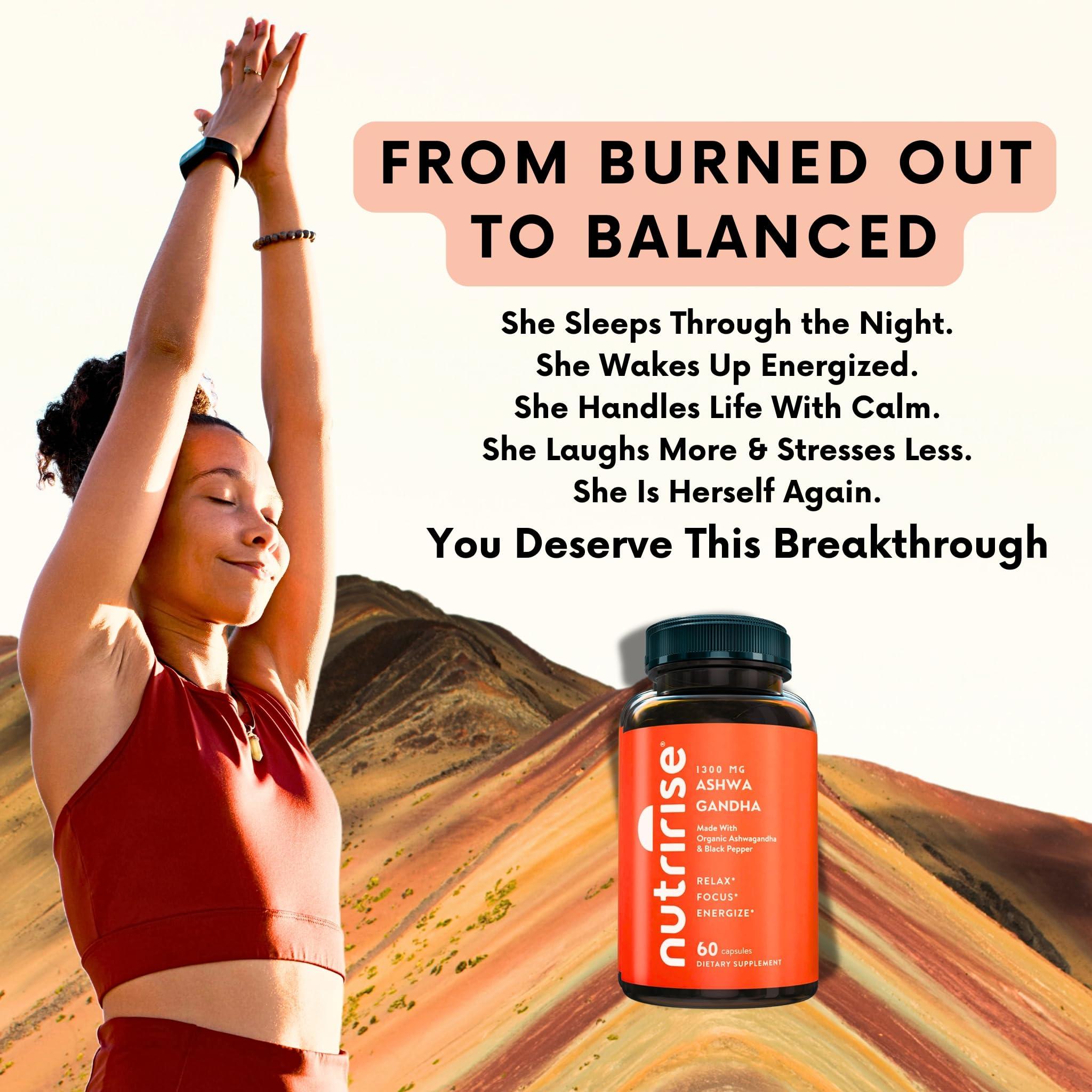 NutriRise NutriRise Organic Ashwagandha Root Capsules with Black Pepper, 1300mg, Natural Stress & Mood, Thyroid & Immune Support Supplement, Clarity, Focus & Energy, Gluten Free, 60 Count