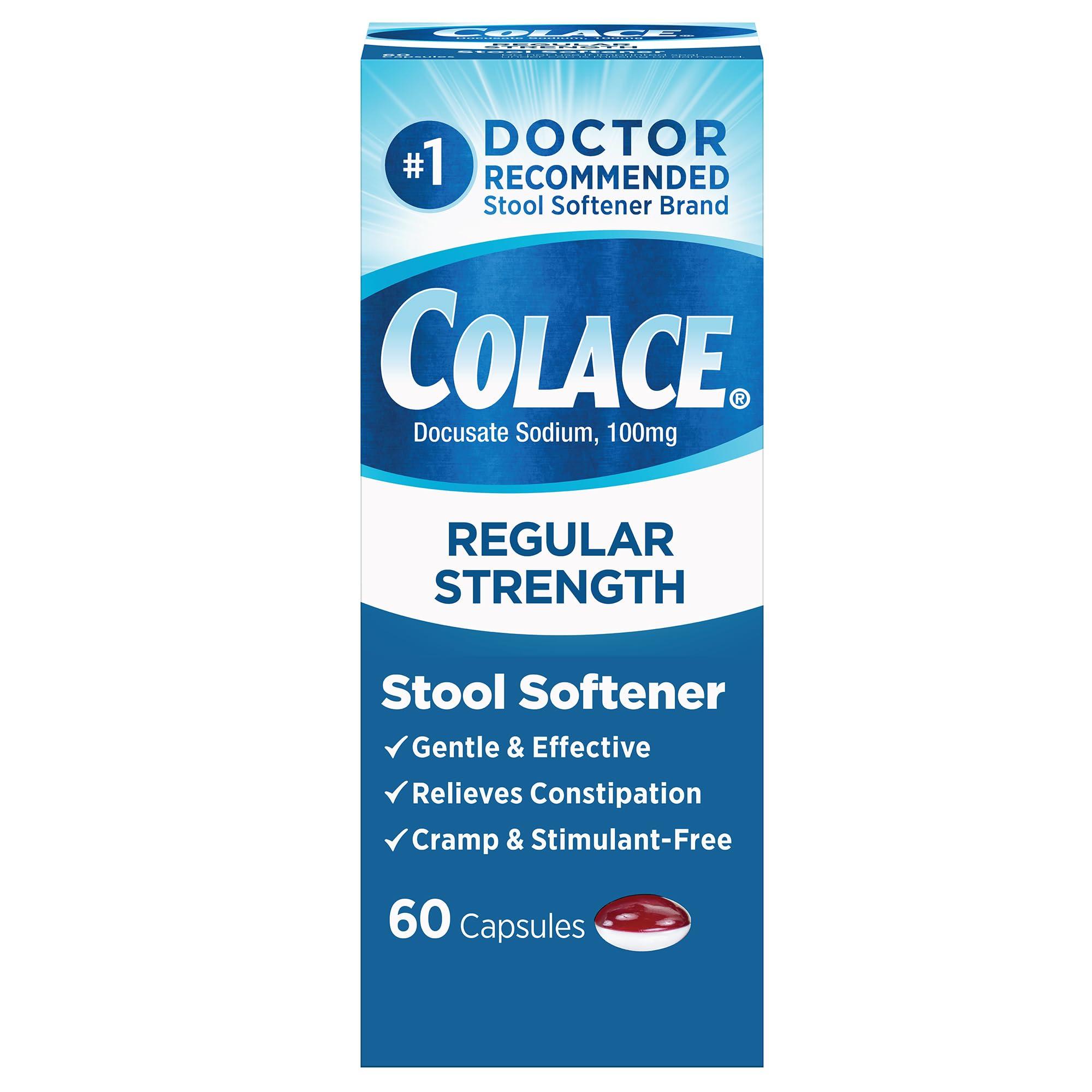 Colace Colace Regular Strength Stool Softener 100 mg Capsules 60 Count Docusate Sodium Stool Softener & TUCKS Medicated Cooling Pads, 100 Count Pads with Witch Hazel, Cleanses Sensitive Areas, Protects
