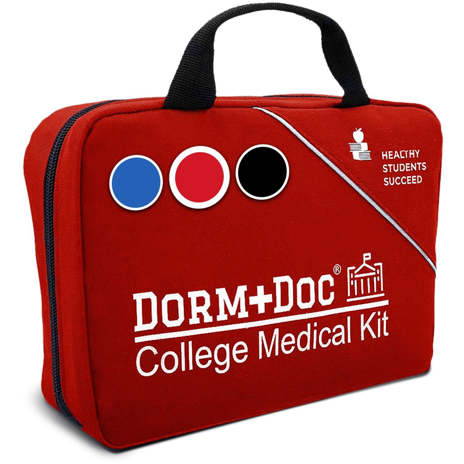 DormDoc DormDoc College First Aid Kit  Compact Emergency Medical Kit for Dorm Rooms, School, Sports  with Bandages, OTC Medicines for Relief, Gauze, Quick Care Set  Portable Health Kit - 175 PCS, Red