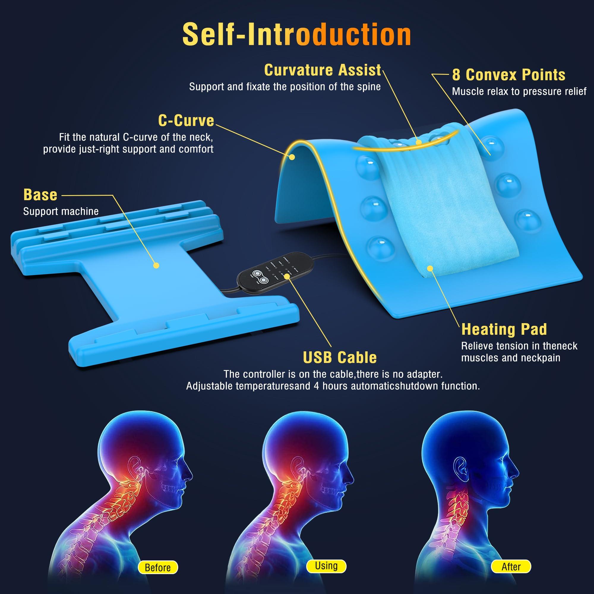 TEMASH TEMASH Cervical Traction Device - Heated Neck Stretcher for Instant Neck Pain Relief, Tension Headache Reduction, and TMJ Pain Relief, with Cervical Spine Pillow to Correct Neck Hump(Blue)