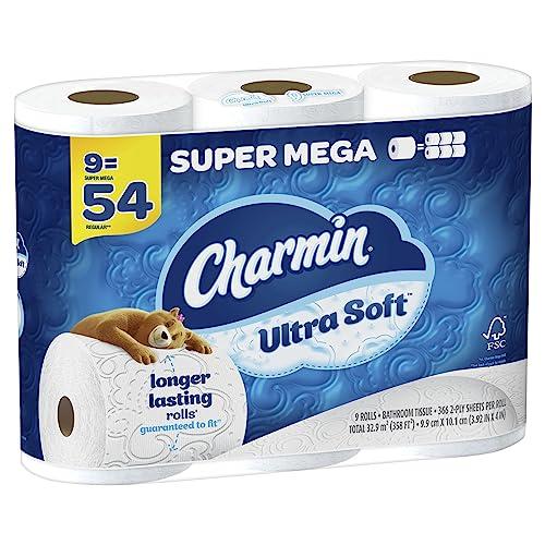 charmin Charmin Ultra Soft Super Mega 2-Ply Toilet Paper Rolls, 4\" x 4-1/2\", White, 366 Sheets Per Roll, Pack Of 9 Rolls