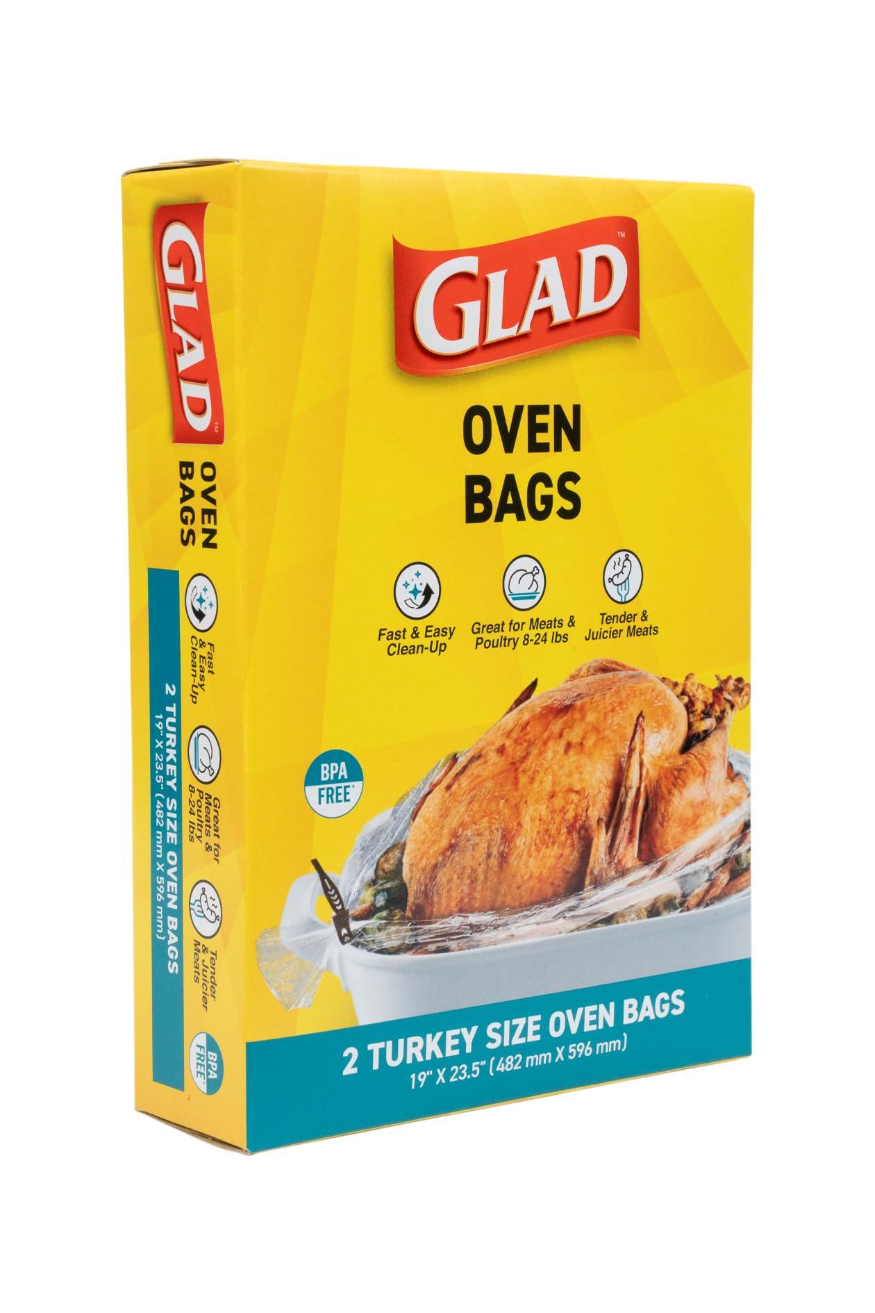 Glad Glad Turkey Size Oven Bags for Meats & Poultry 8-24 lbs BPA-Free* for Tender, Juicy Roasts with Fast & Easy Clean-Up, Turkey Cooking Bags, Roasting Bags, 19" x 23.5" - 2 Count
