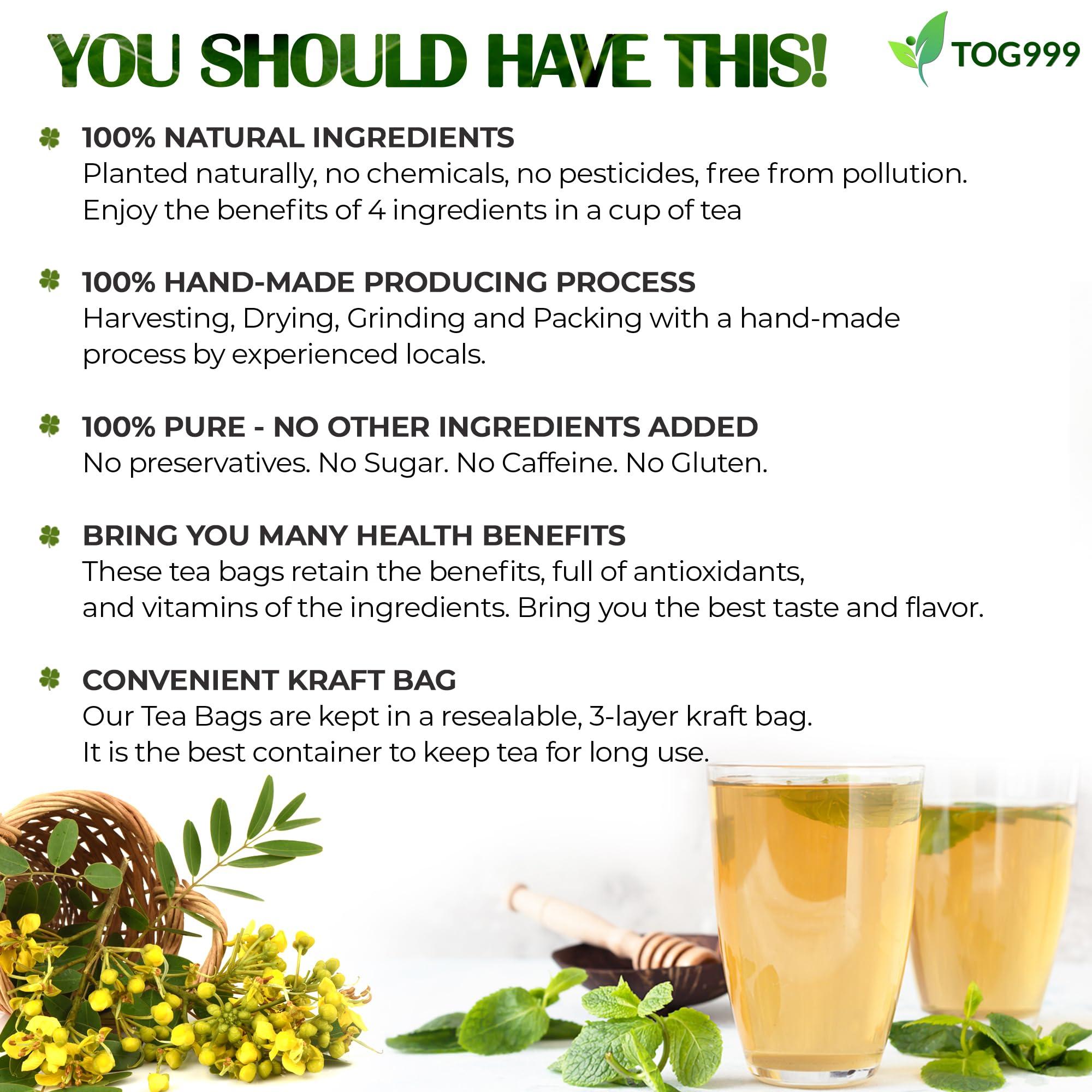 TOG999 100 Tea Bags Relieves Constipation Natural Tea, Blend of Senna Leaves - Peppermint - Licorice - Fennel, 100% Natural Ingrendients, Hand-made Herbal Tea, No Sugar, No Caffeine, No Gluten, Vegan.