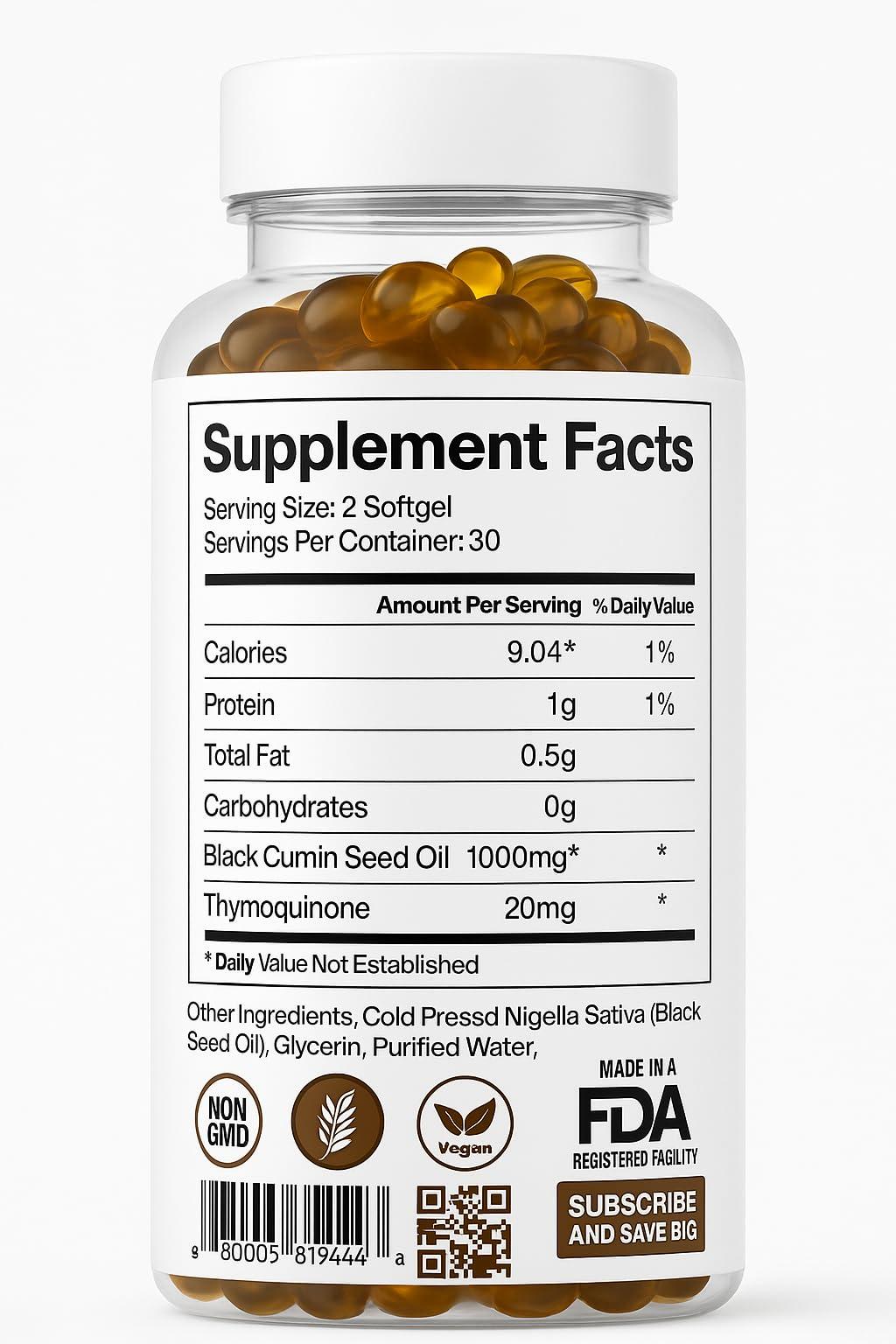 ORGANICS NATURE ORGANICS NATURE Black Seed Oil Capsules 1000MG Vegan Softgels, for Hair & Skin, Heart Support, Nigella Sativa - 100% Cold Pressed Cumin Seed Oil Capsules High Thymoquinone, Omega 3s