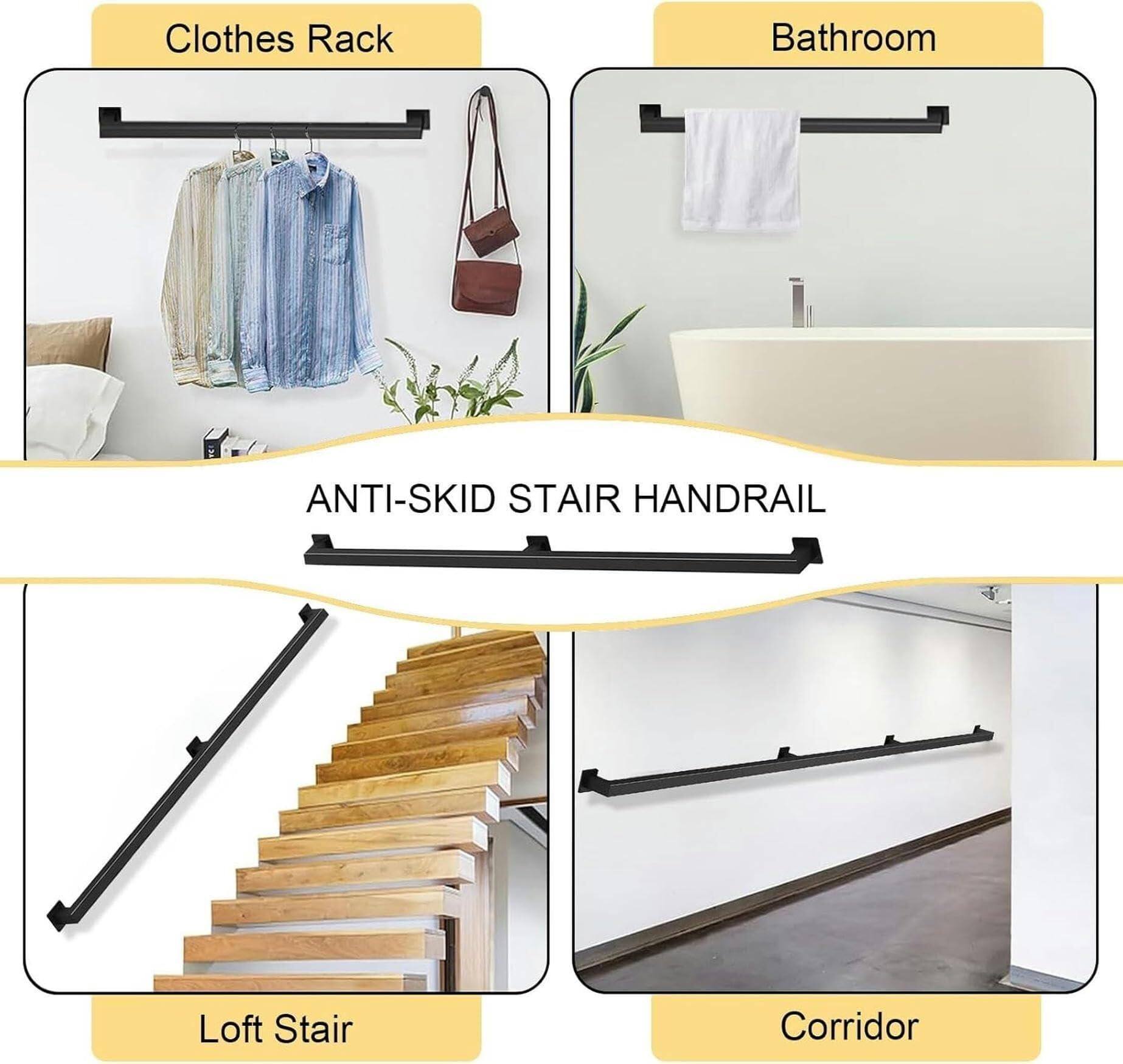 NUHGFTYBF Black Stair Handrail, 1ft-20ft Metal Staircase Handrails Stairs Indoor and Outdoor Galvanized Industrial Iron Pipe Stair Railing Wall Balustrade Foot Rail Support(9.2 FT)