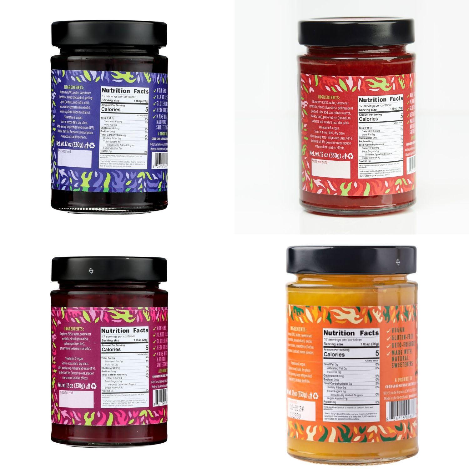 Good Good GOOD GOOD No Added Sugar Fruit Jam Variety Pack of 4 - Keto Friendly Jelly - Blueberry, Raspberry, Strawberry and Apricot Jam - Low Carb, Low-Calorie and Vegan - 12oz / 330g Jars