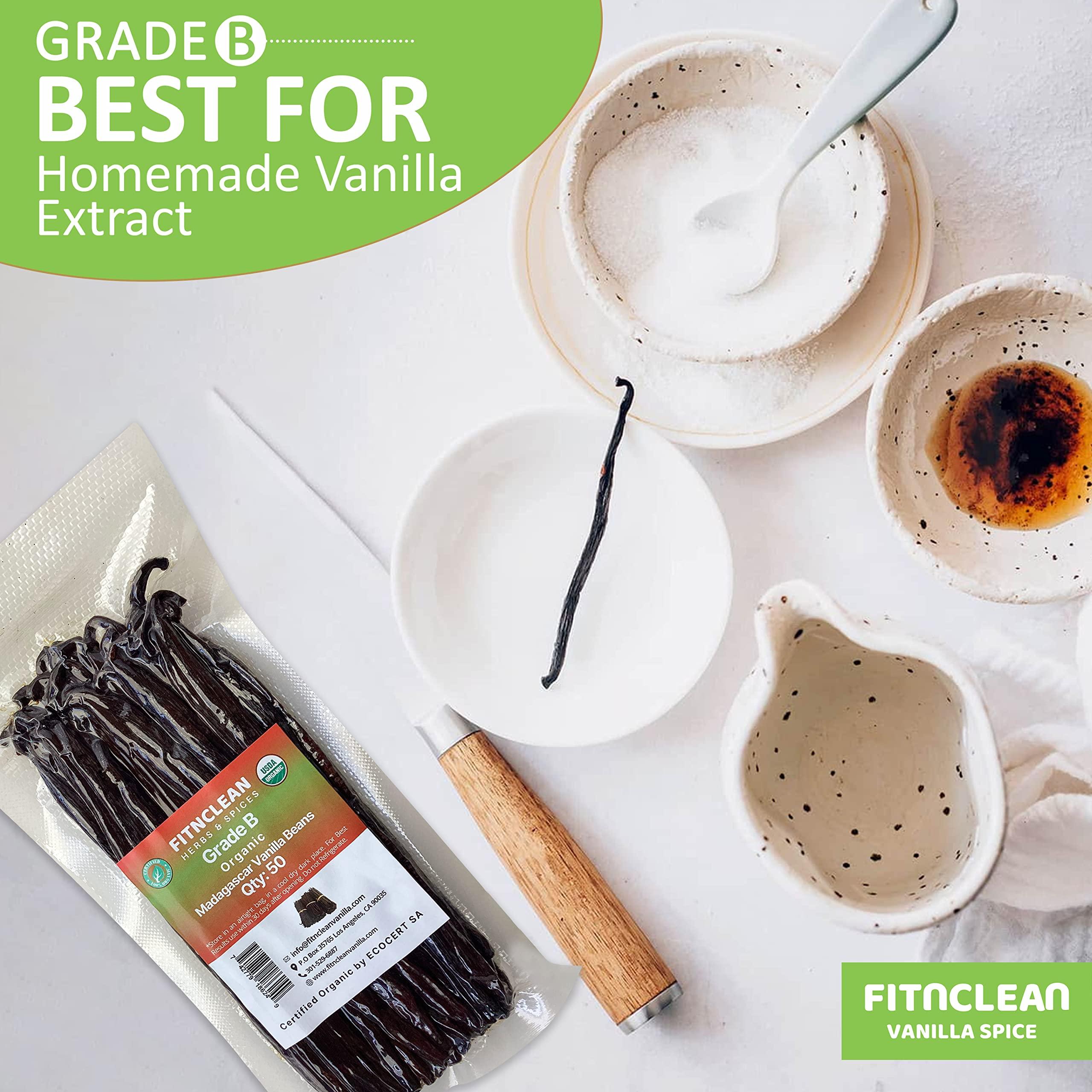 FITNCLEAN HERBS AND SPICES 50 Madagascar Organic Vanilla Beans Grade B. Certified USDA Organic. 5"-7" by FITNCLEAN VANILLA for extract, Cooking and Baking. Whole NON-GMO Bourbon Pods