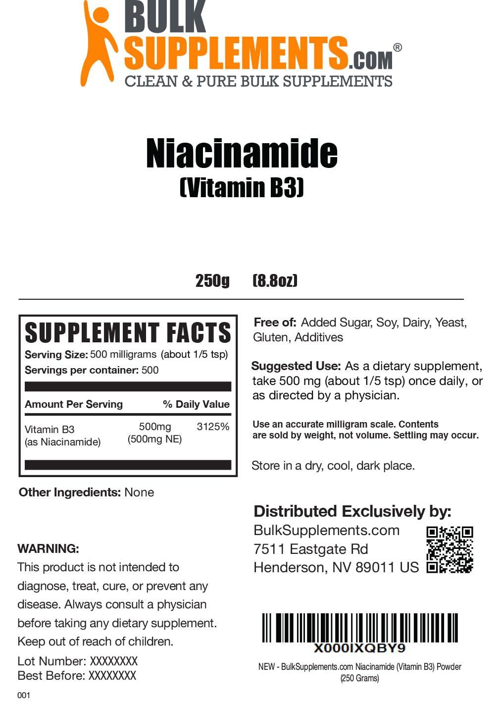 BULKSUPPLEMENTS.COM BULKSUPPLEMENTS.COM Niacinamide Powder - Niacinamide Supplement, Vitamin B3 Supplement, Niacinamide 500mg - B3 Vitamins for Skin Health, Pure & Gluten Free - 500mg per Serving, 250g (8.8 oz)