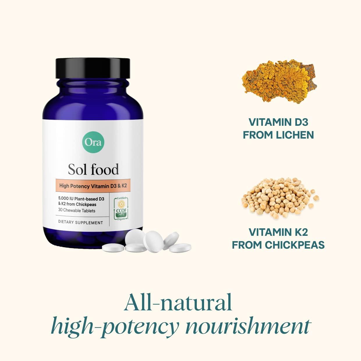 Ora Organic Ora Organic Vitamin D3 5000IU + K2 - Vegan Vitamin D from Lichen and K2 from Chickpeas for Bone Health, Immune Support, & Mood | Maximum Absorption - 1 Month Supply, 30 Chewable Tablets