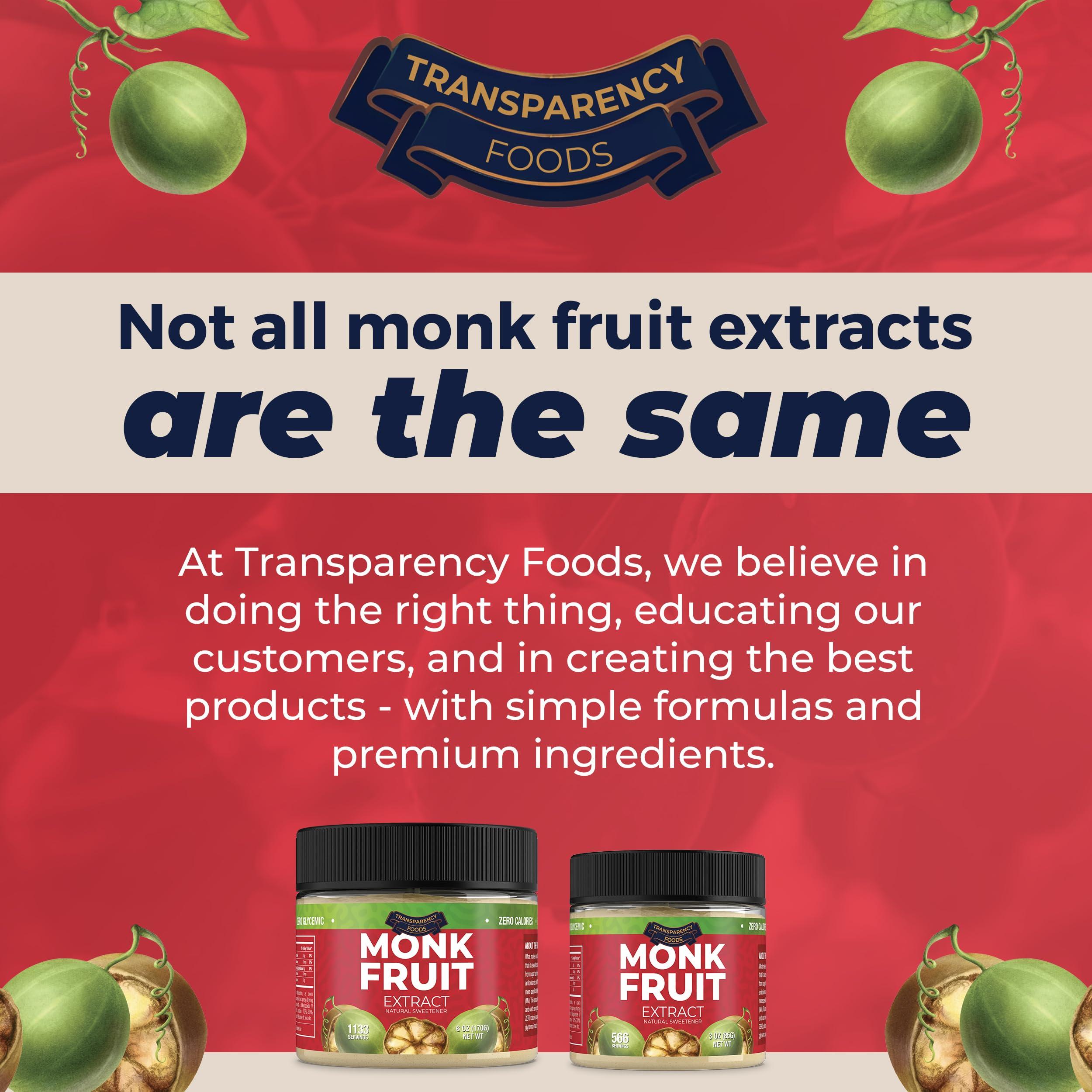 Transparency Foods Monk Fruit Sweetener No Erythritol (25X Sweeter Than Sugar) Zero Calories, Zero Glycemic, Non-GMO, No Fillers - Monk Fruit Extract (7% Mogroside V) by Transparency Foods (6oz, 1133 servings)
