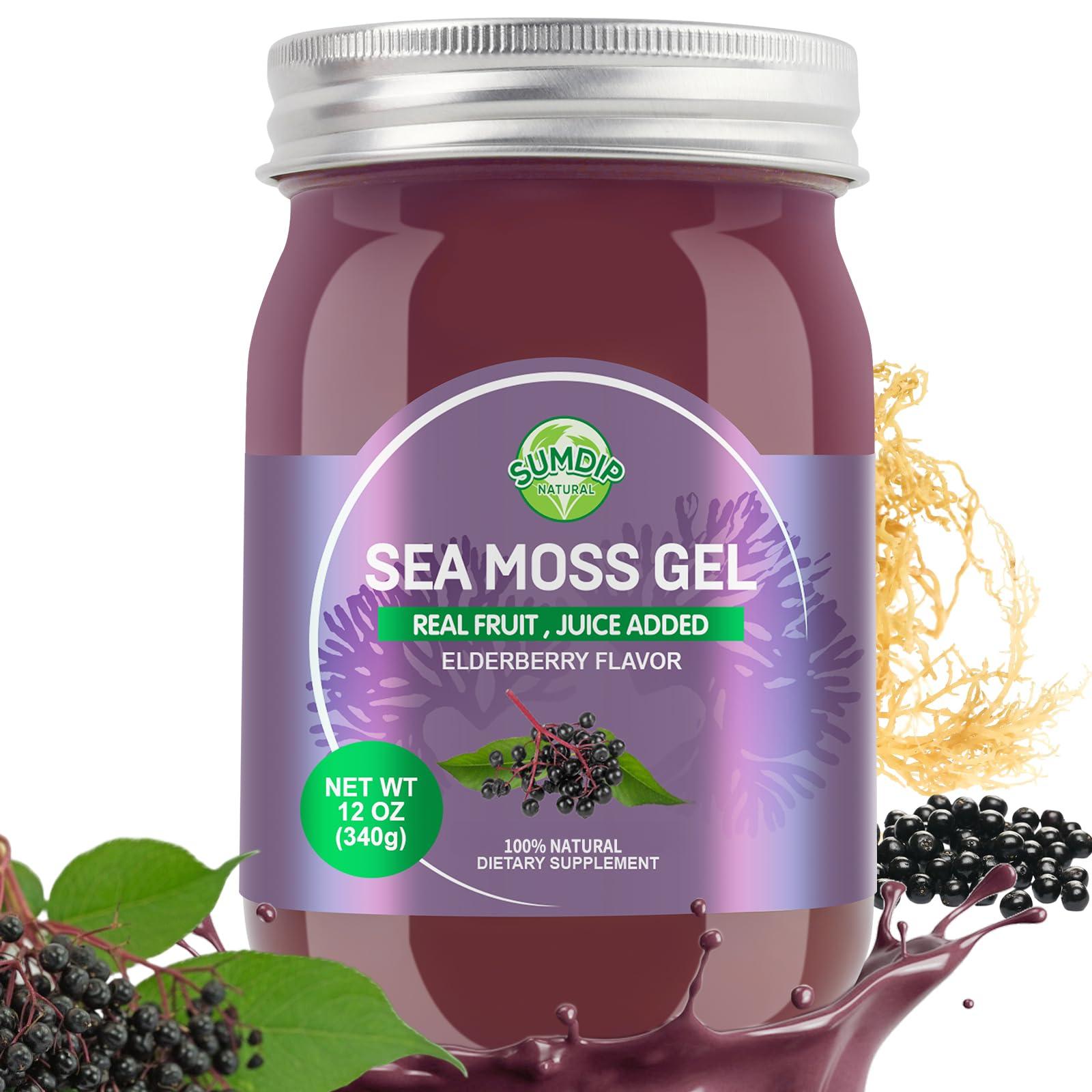 SumDIP Sea Moss Gel, Organic Raw Wildcrafted Irish Seamoss Gel Immune and Digestive Support Vitamin Mineral Antioxidant Supplements, Elderberry,Mixed Berry Flavor 12oz