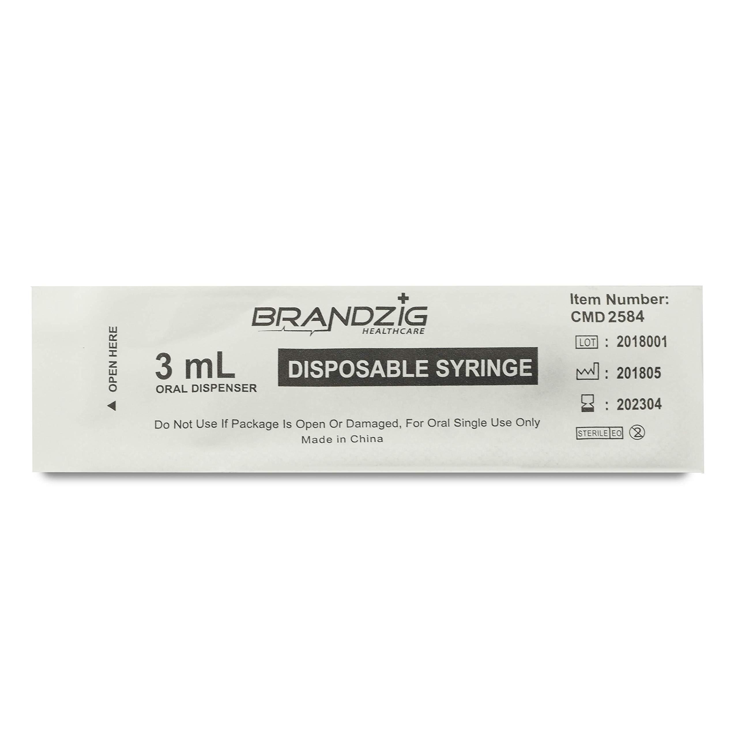 BRANDZIG Brandzig 3ml Syringe - 100 Pack – Luer Slip Tip, No Needle, Individually Blister Packed - Medicine Administration for Infants, Toddlers and Small Pets