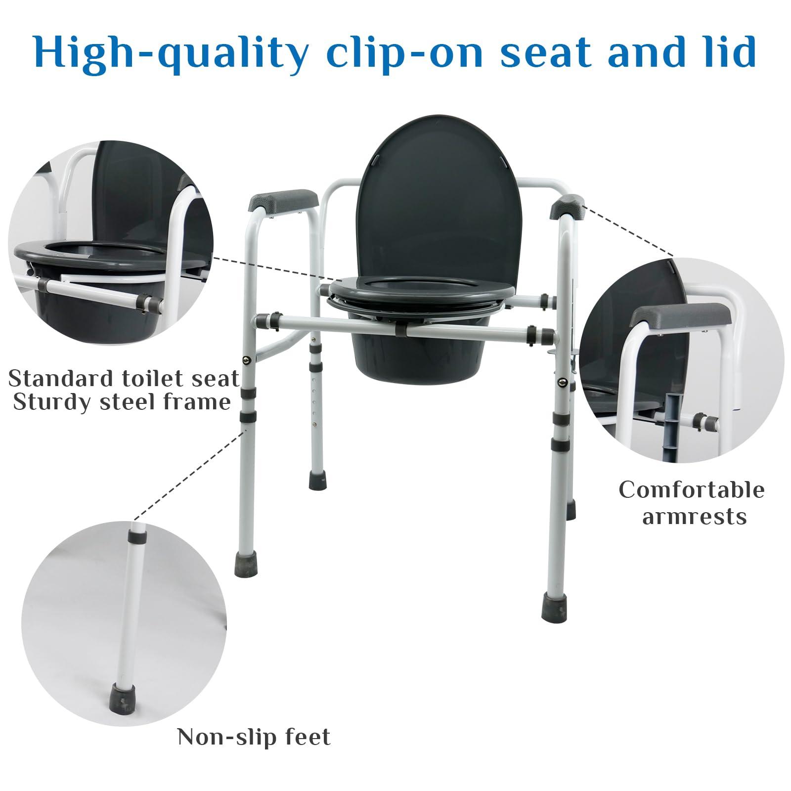 JumboTIGER 3-in-1 Steel Adjustable Bedside Commode,Portable Toilet for Adults 8 Quart,300 lb Weight Capacity Portable Potty,Toilet Seat with Safety Frame, Easy Cleaning, Tool-Free Assembly, Padded Arms,Gray