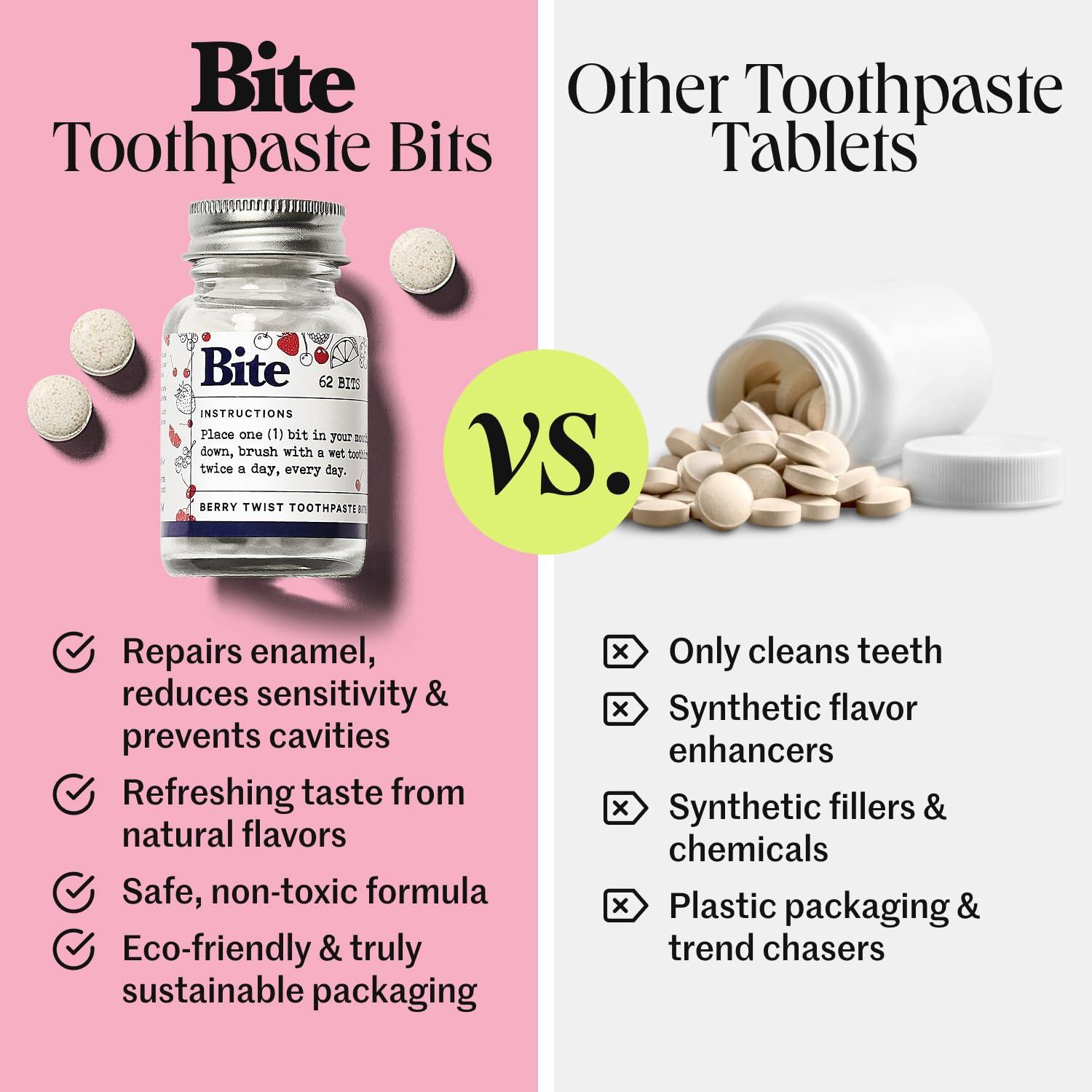 Bite Bite Whitening Toothpaste Tablets Nano Hydroxyapatite & Xylitol (Berry Twist) | Sensitive Teeth & Kid-Friendly | No Fluoride, Vegan, Cruelty-Free | Travel-Size | 2 Bottles (124 Bits) | Made in USA