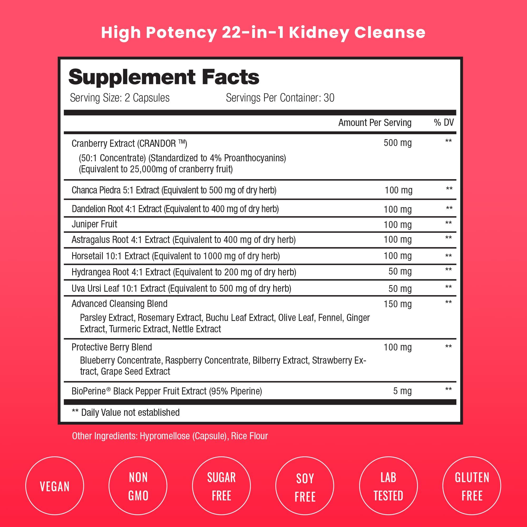 NutraChamps Kidney Cleanse Detox & Repair | 22-In-1 Kidney Health Supplement | Extra Strength 50:1 Cranberry Extract with Bioperine for Increased Absorption | Kidney & Urinary Tract Support & Flush Formula