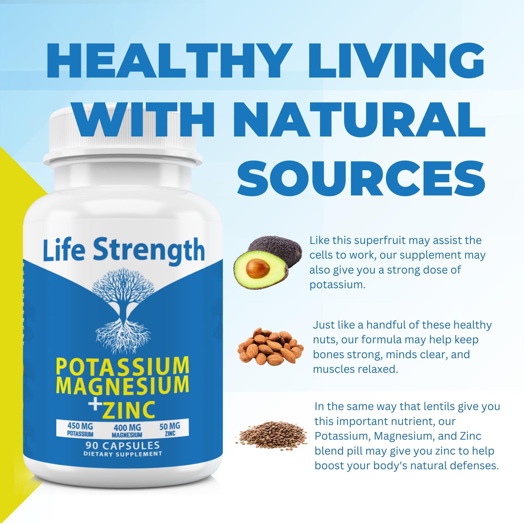 LifeStrength Life Strength Magnesium Potassium Supplements + Zinc 90 Capsules for Vascular Health High Absorption Vegan, Natural ingredients Supplement for Leg Cramps and Sleep