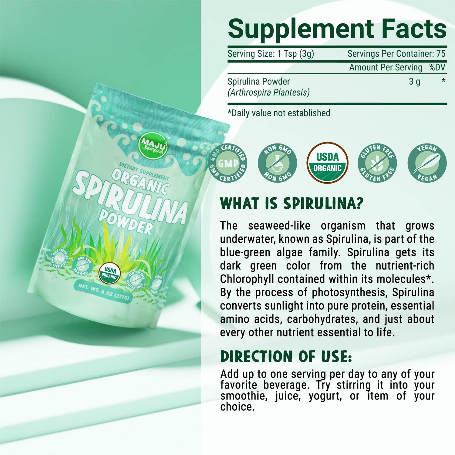 Maju Superfoods MAJU's Organic Spirulina Powder .5 lb, Microcystin Free, Non-Irradiated, Preferred to Chlorella, Preferred to Hawaiian & Blue Algae, Pure Vegan Green Protein
