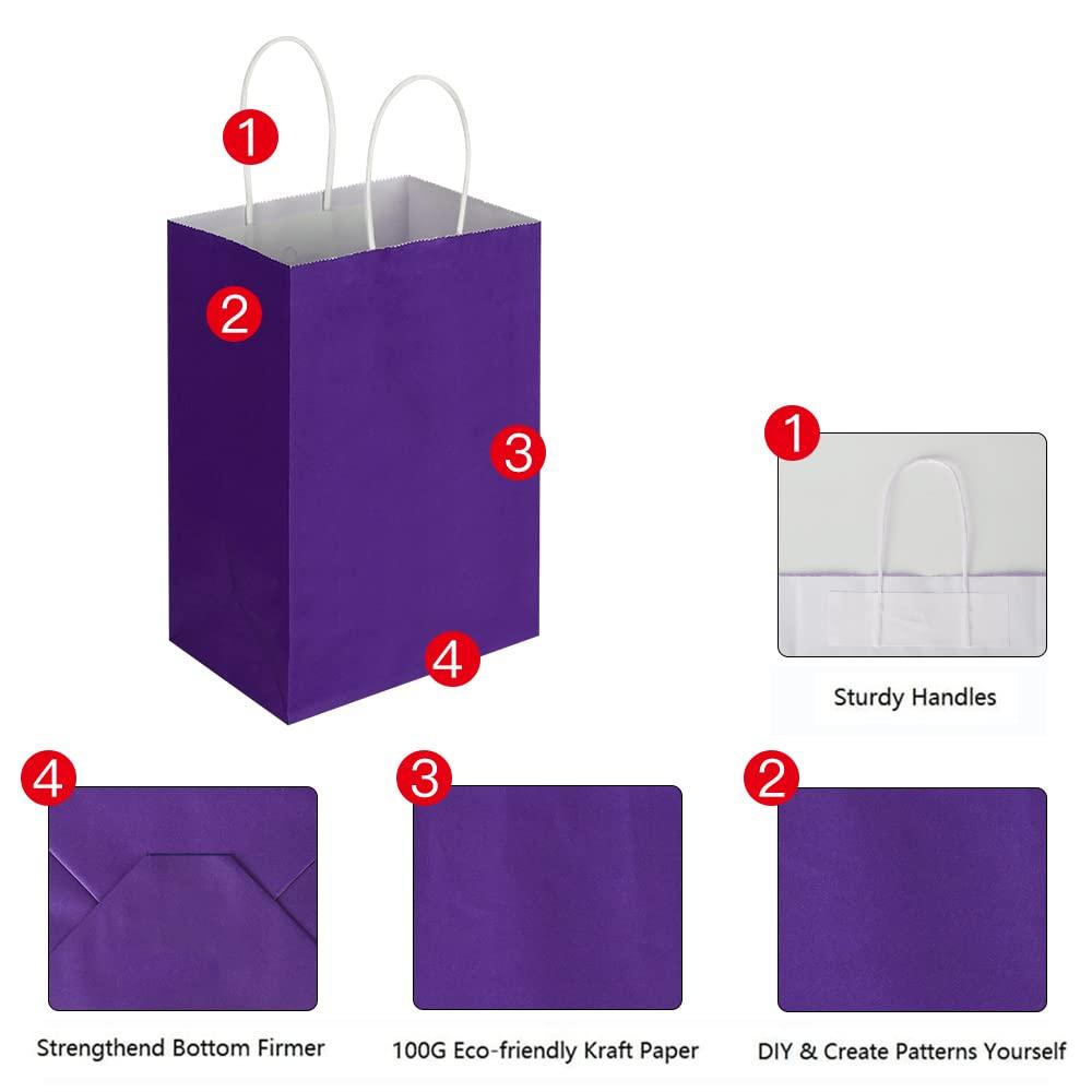 Oikss Oikss 100 Pack 5.25x3.25x8.25 Inch Small Purple Kraft Paper Bags with Handles Bulk for Birthday Wedding Party Favors Grocery Retail Shopping Business Goody Craft Gift Bags Cub Sacks (100pcs Count)