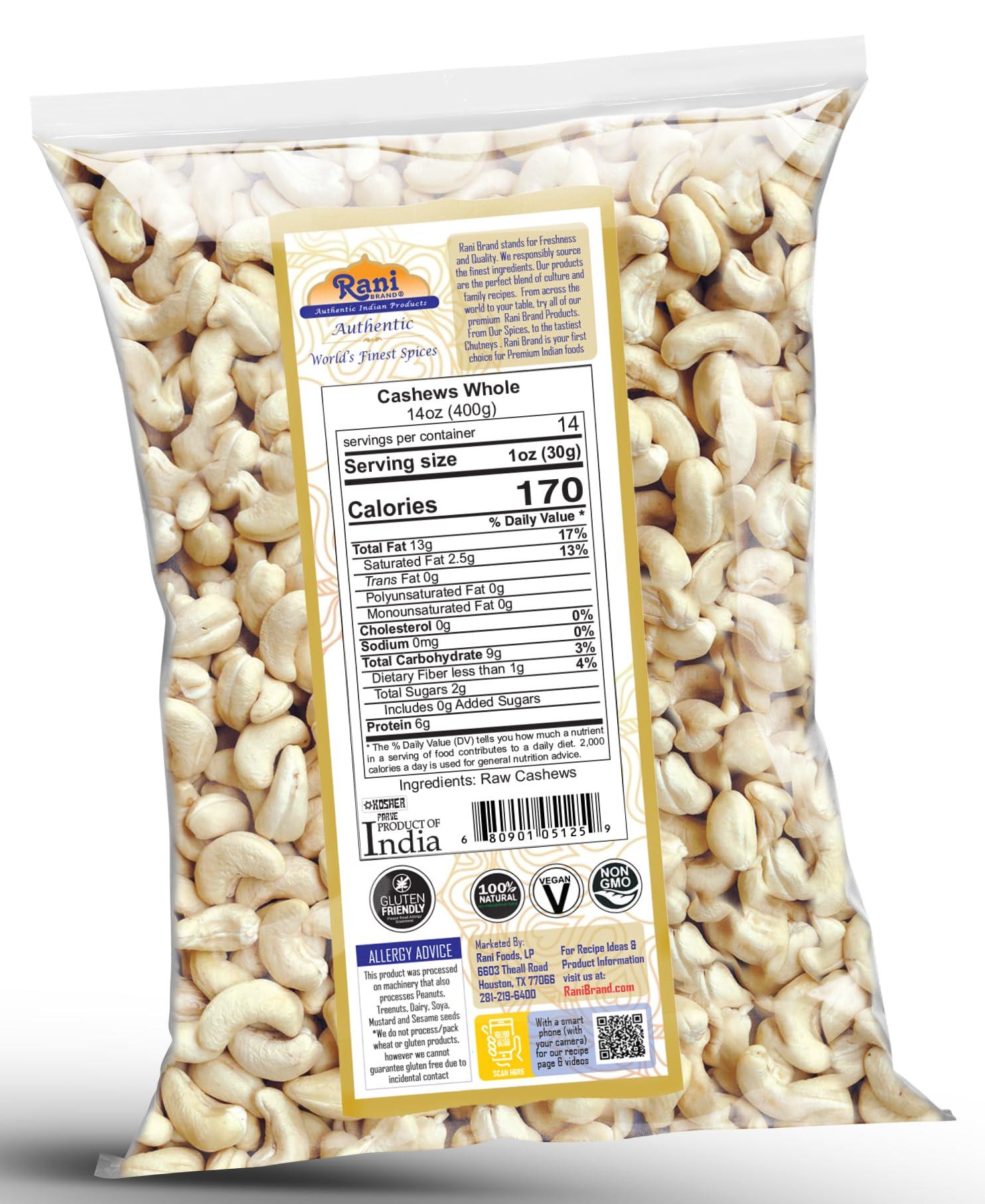 Rani Brand Authentic Indian Products Rani Raw Cashews Whole (uncooked, unsalted) 14oz (400g) ~ All Natural, No Preservatives | Vegan | NON-GMO | Kosher | Gluten Friendly