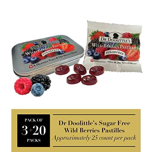 DOOLITTLE Dr. Doolittles Sugar Free Soft Fruit Pastilles for Voice and Throat, Wild Berries Flavor, Multipack of 2.12 Ounce Tin, 3 Pack and .33 Ounce Travel Size Bag, 20 Pack