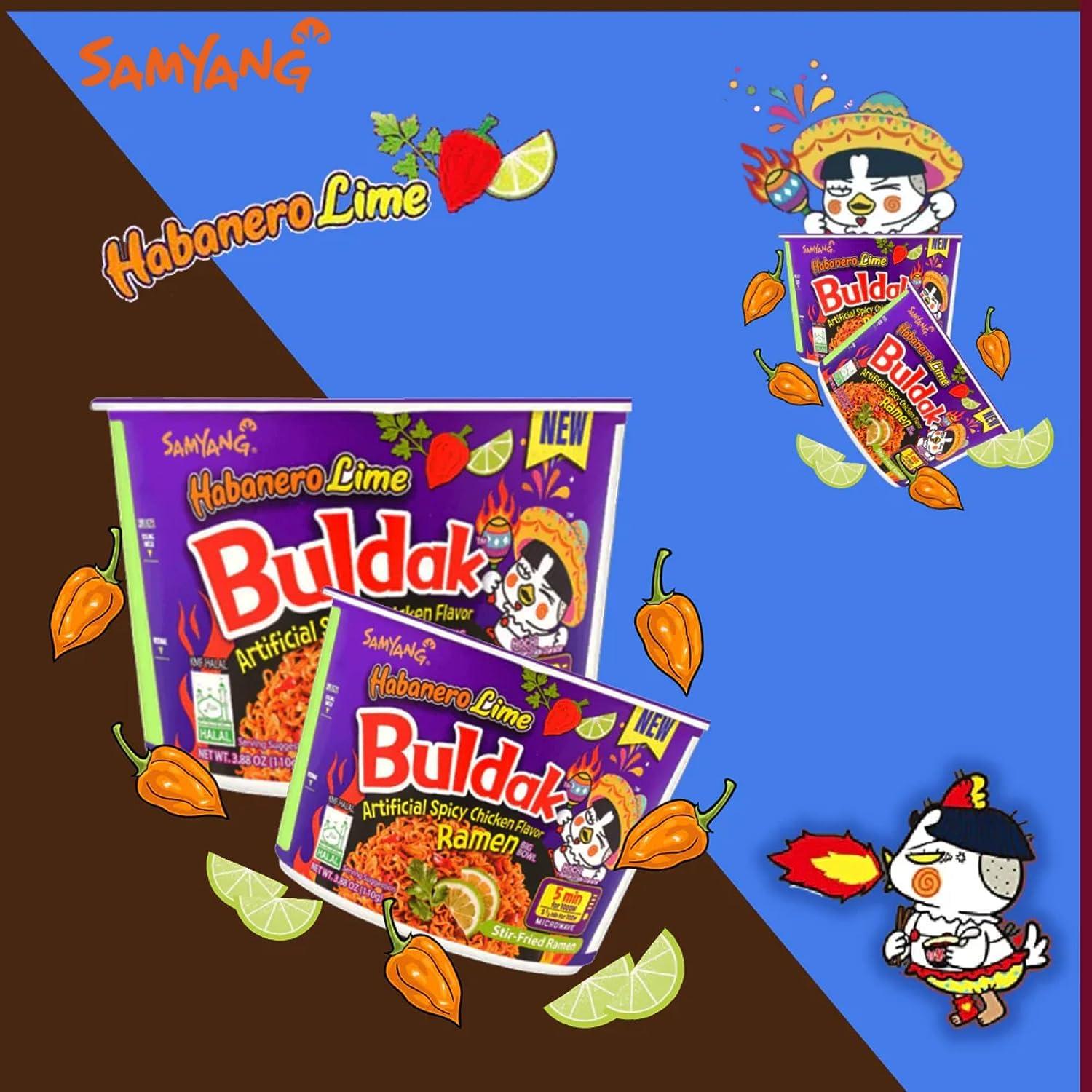 Vmart Vmart Buldak Noodles Hot Chicken Flavour Ramen Habanero Lime Big Bowl Cup 110g Instant Korean Food Snacks (Pack of 16)