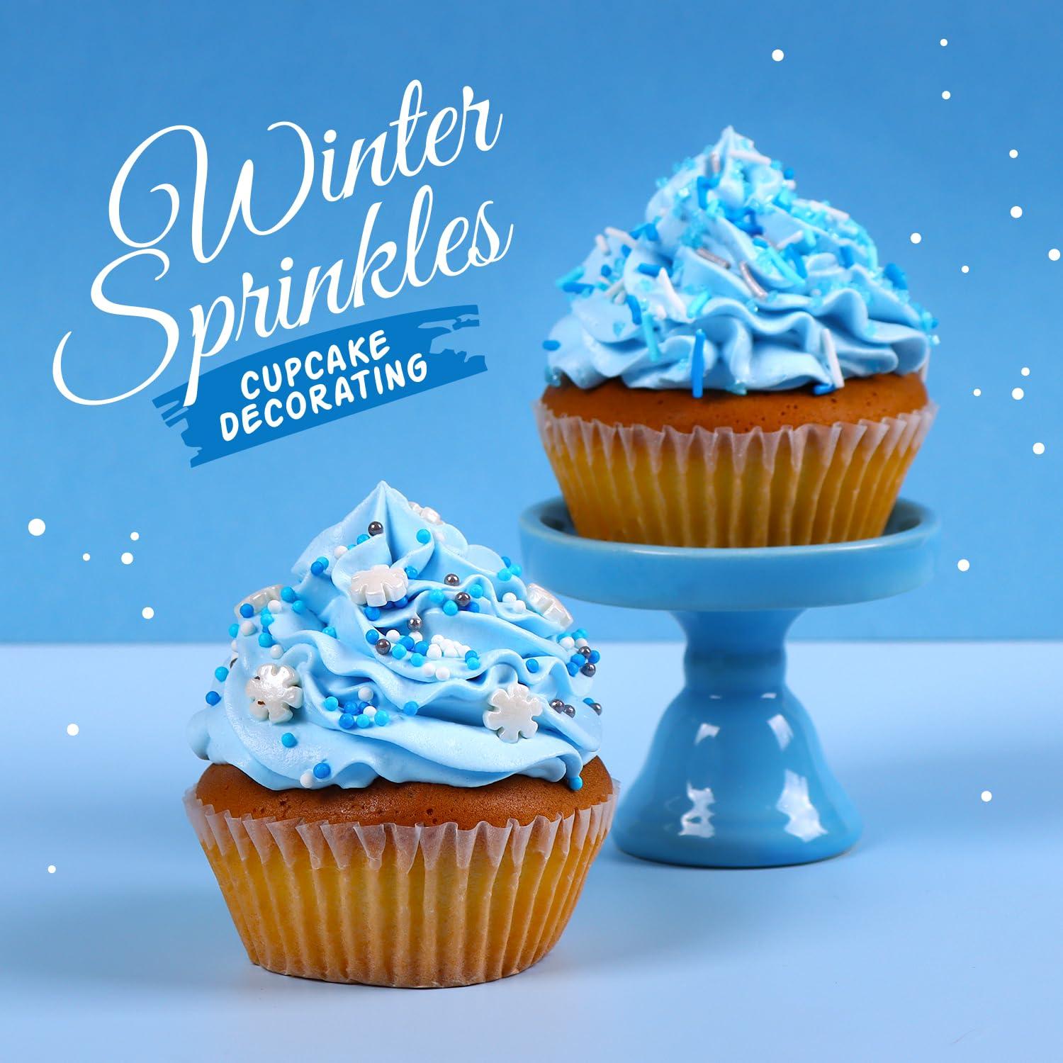 Sujoygar Blue Sprinkles for Cake Decorating, Edible Winter Sprinkles Set for Cupcake Toppers, White Snowflake Sprinkles, Blue Sugar Sanding Sprinkles for Baking Cookies Dounts Christmas decoration(7.04 Oz)