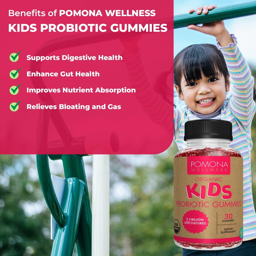 Pomona Wellness Pomona Wellness Organic Probiotic Gummies for Kids, Supports Digestive and Immune Health Helps Minor Abdominal Discomfort & Bloating, Strawberry Flavor, USDA Organic, Vegan, Non-GMO, 30 Count (2 Pack)