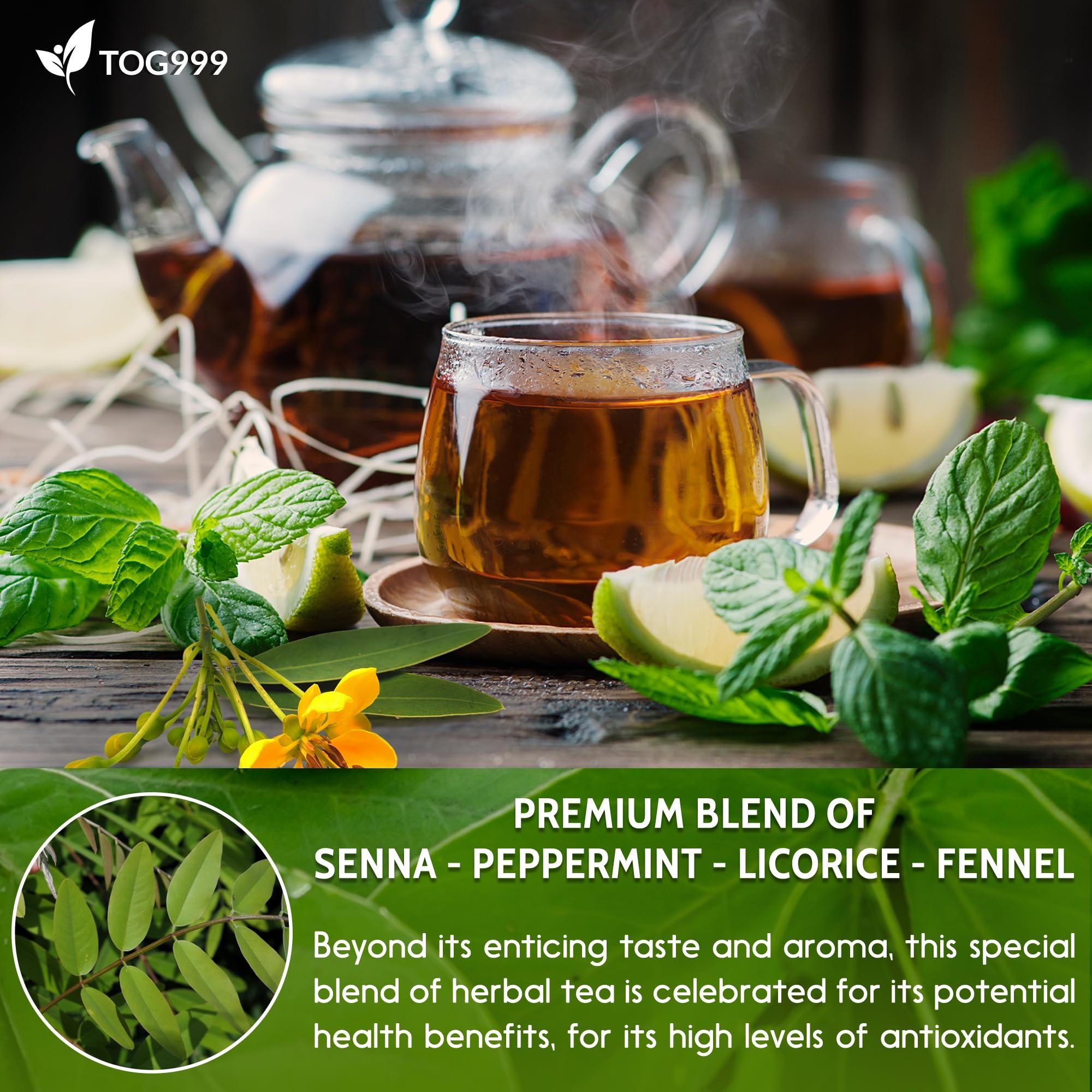 TOG999 100 Tea Bags Relieves Constipation Natural Tea, Blend of Senna Leaves - Peppermint - Licorice - Fennel, 100% Natural Ingrendients, Hand-made Herbal Tea, No Sugar, No Caffeine, No Gluten, Vegan.