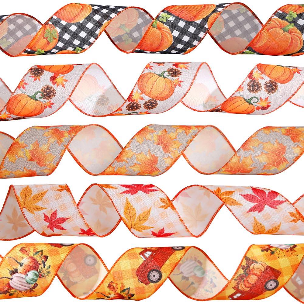 KALWAX Autumn Ribbon Roll, Halloween Ribbon, Fall Wired Ribbon in 6.5cm Width for Wrapping Orange Plaid Maple Leaf Pumpkin Autumn Harvest DIY Craft Ribbon for Gift Wrapping Wreath Decor Bow (5 Pieces)