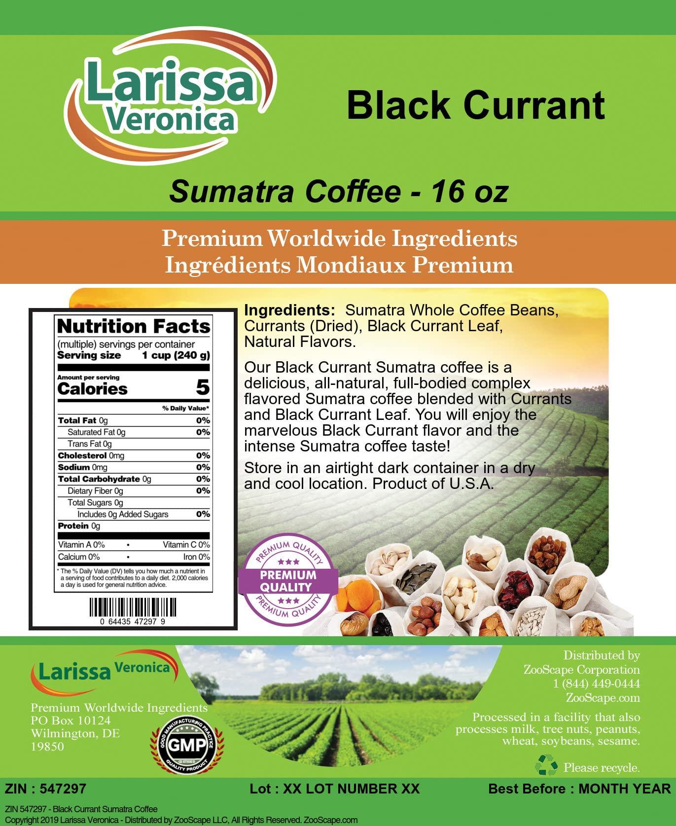 Larissa Veronica Black Currant Sumatra Coffee (Gourmet, Naturally Flavored, Whole Coffee Beans) (16 oz, ZIN: 547297) - 2 Pack