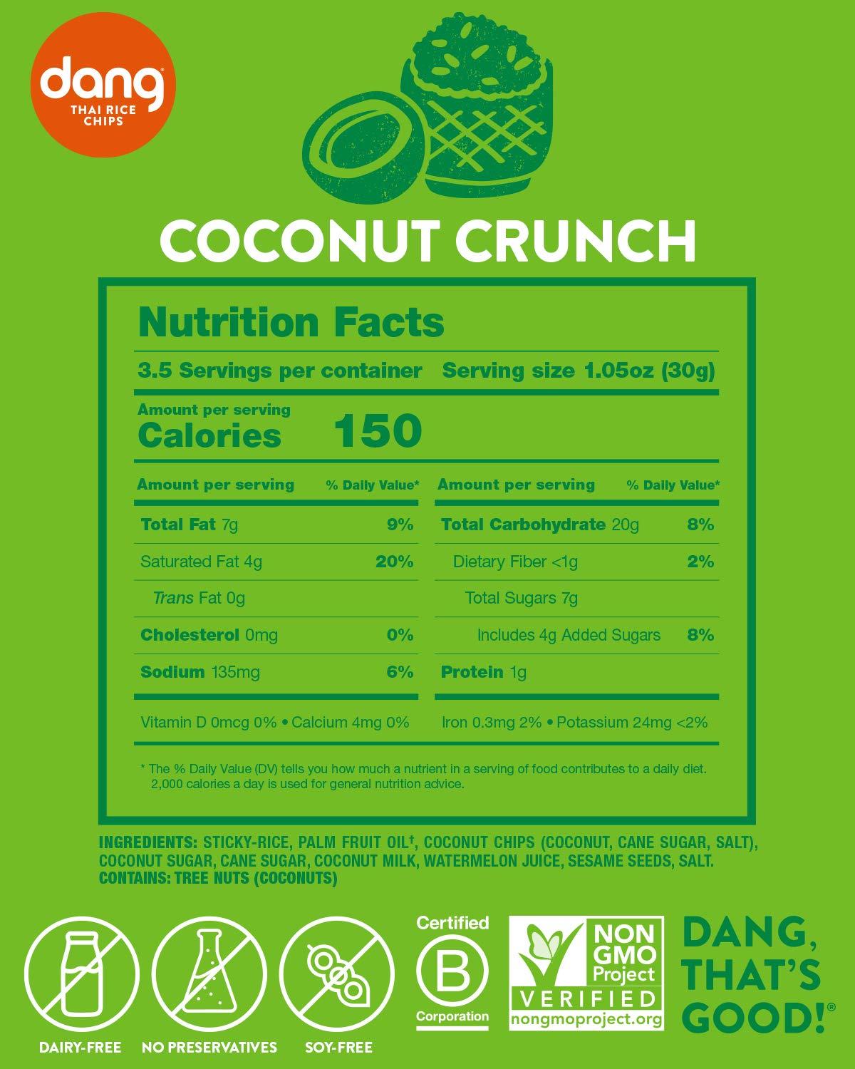DANG Dang Thai Rice Chips | Coconut Crunch | 4 Pack | Vegan, Gluten Free, Non Gmo Rice Crisps, Healthy Snacks Made with Whole Foods | 3.5 Oz Resealable Bags
