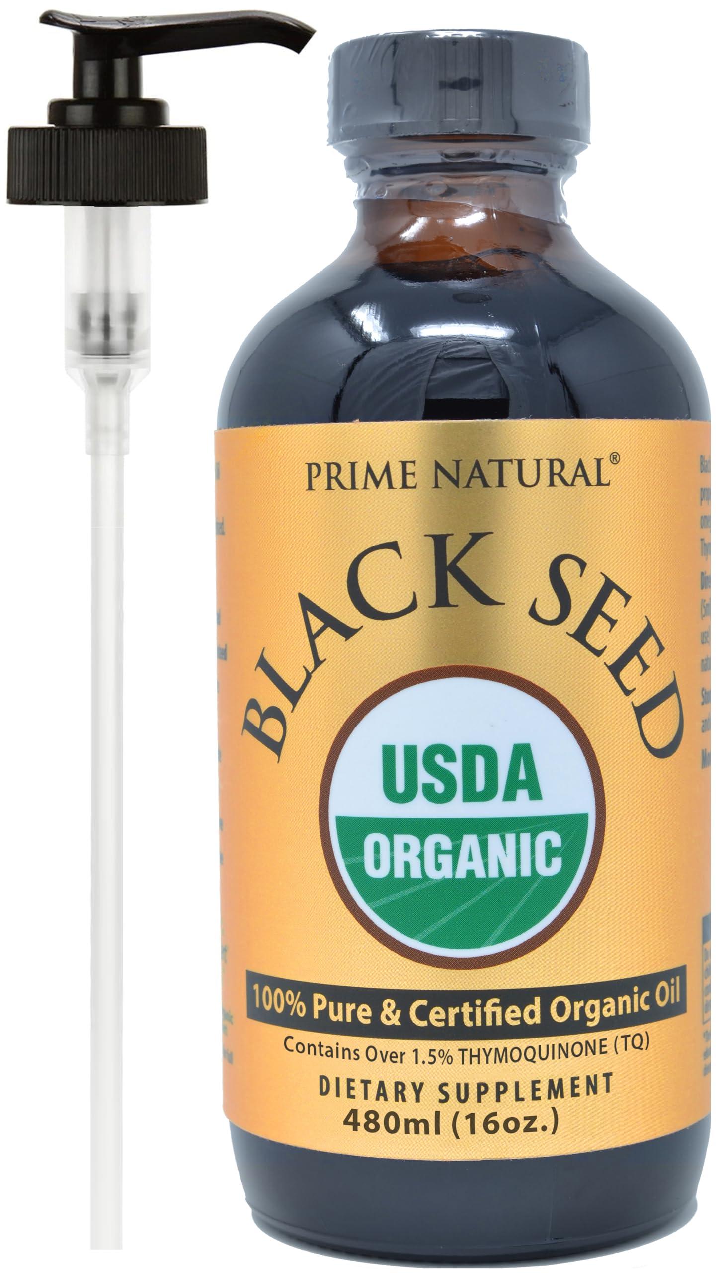 PRIME NATURAL Organic Black Seed Oil 16oz - Cold Pressed Unrefined High Thymoquinone 1.7% USDA Certified - Turkish Origin Potent Nigella Sativa Liquid - Vegan Omega 3 6 9, Antioxidant Immune Boost Joints Skin Hair