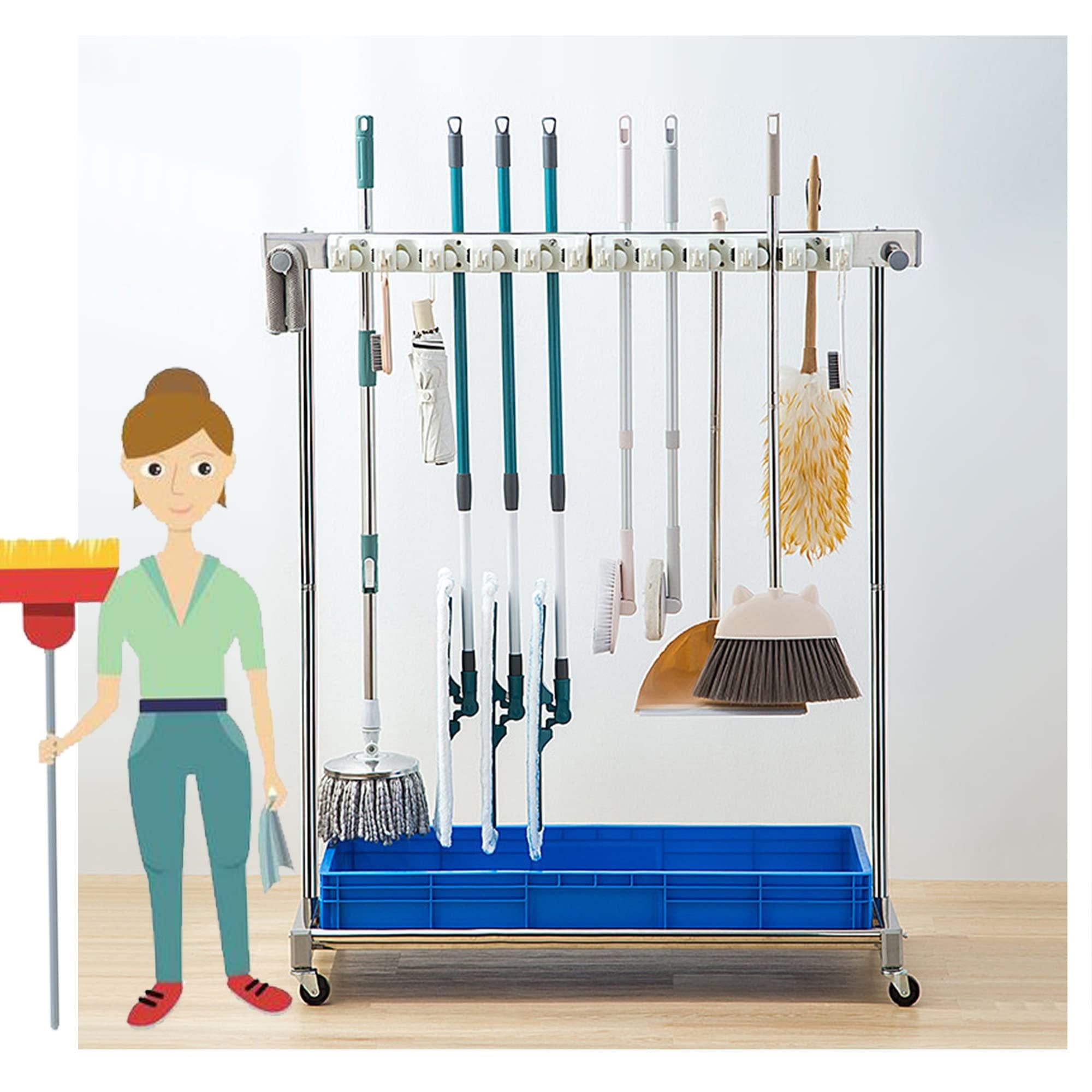 WXZX Utility Rack for Mops And Brooms,Cleaning Tool Cart Mop Holder Umbrella Stand,Movable Commercial Mop Rack, Mop Drain Rack,Can put wet mops, with Wheels,for Garden,Garage,Schools,Hospitals,Hotels ( Col