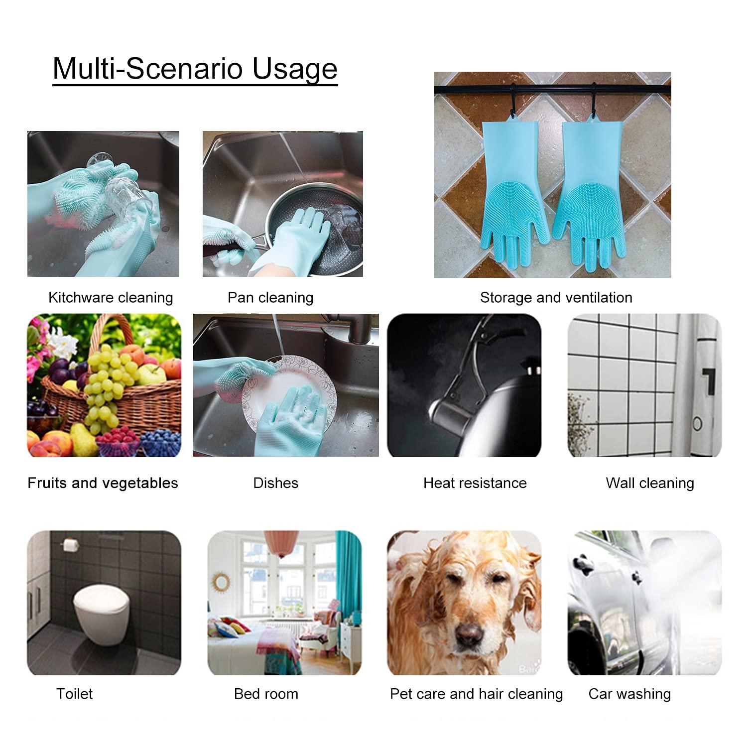 HealthyLifeUS HealthyLifeUS Silicone Dishwashing Gloves Reusable Non slip Heat Resistant for Kitchen Bathroom Car Wash Pet large 240g thick 1 Pair (Blue)