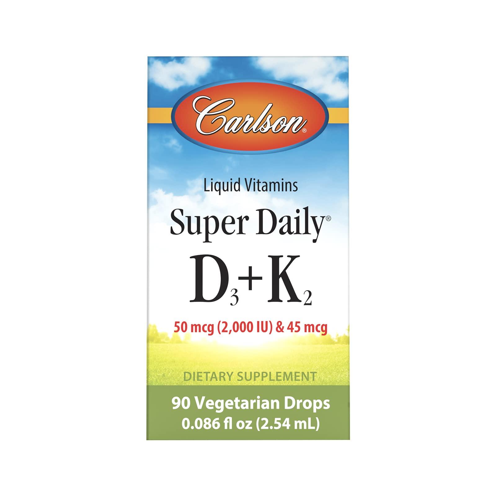 Carlson Carlson - Super Daily D3 + K2, 50 mcg D3 + 45 mcg MK-7, Heart & Bone Health, 90 Liquid Drops, 2.54 ml