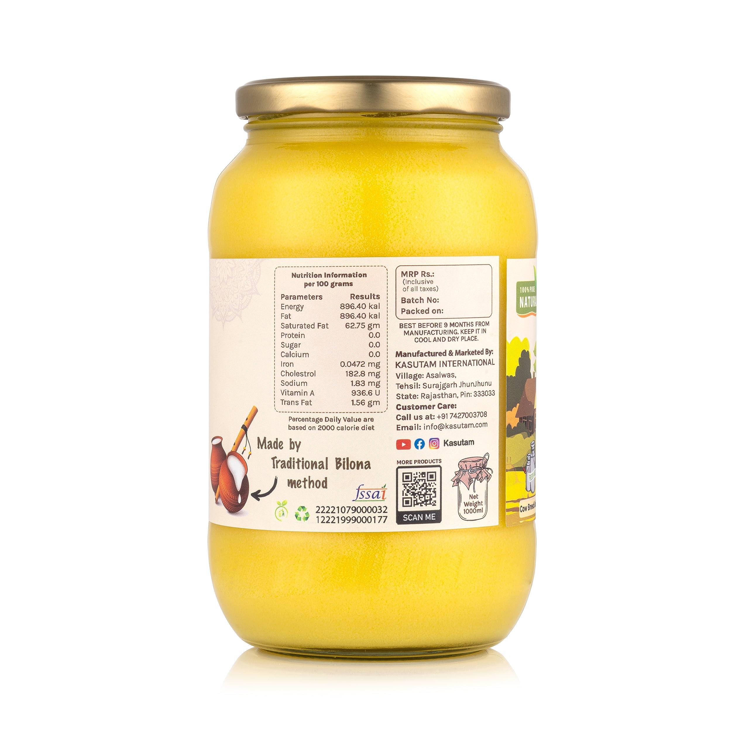 Kasutam Kasutam A2 Desi Cow Bilona Ghee Made By Traditional Vedic Bilona Method Made In Earthen Pot & Hand Churned Free Grazing Grass Fed Cow Ghee Immunity Booster Glass Jar- 1000 Ml