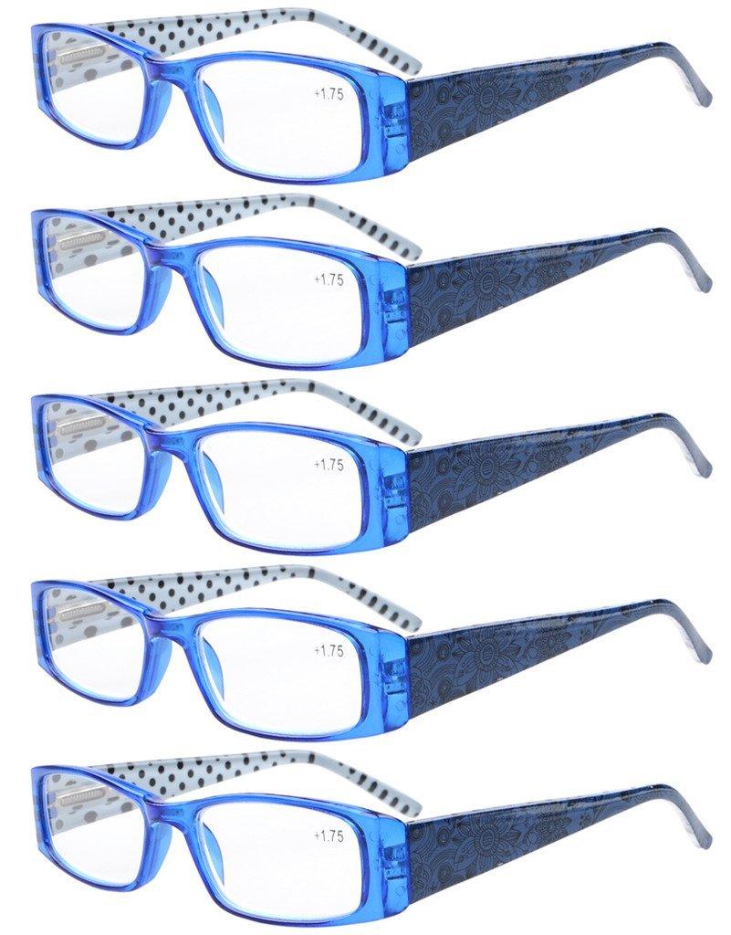 Eyekepper Eyekepper 5-Pack Spring Hinges Polka Dots Patterned Temples Rectangular Reading Glasses Readers Blue +1.75
