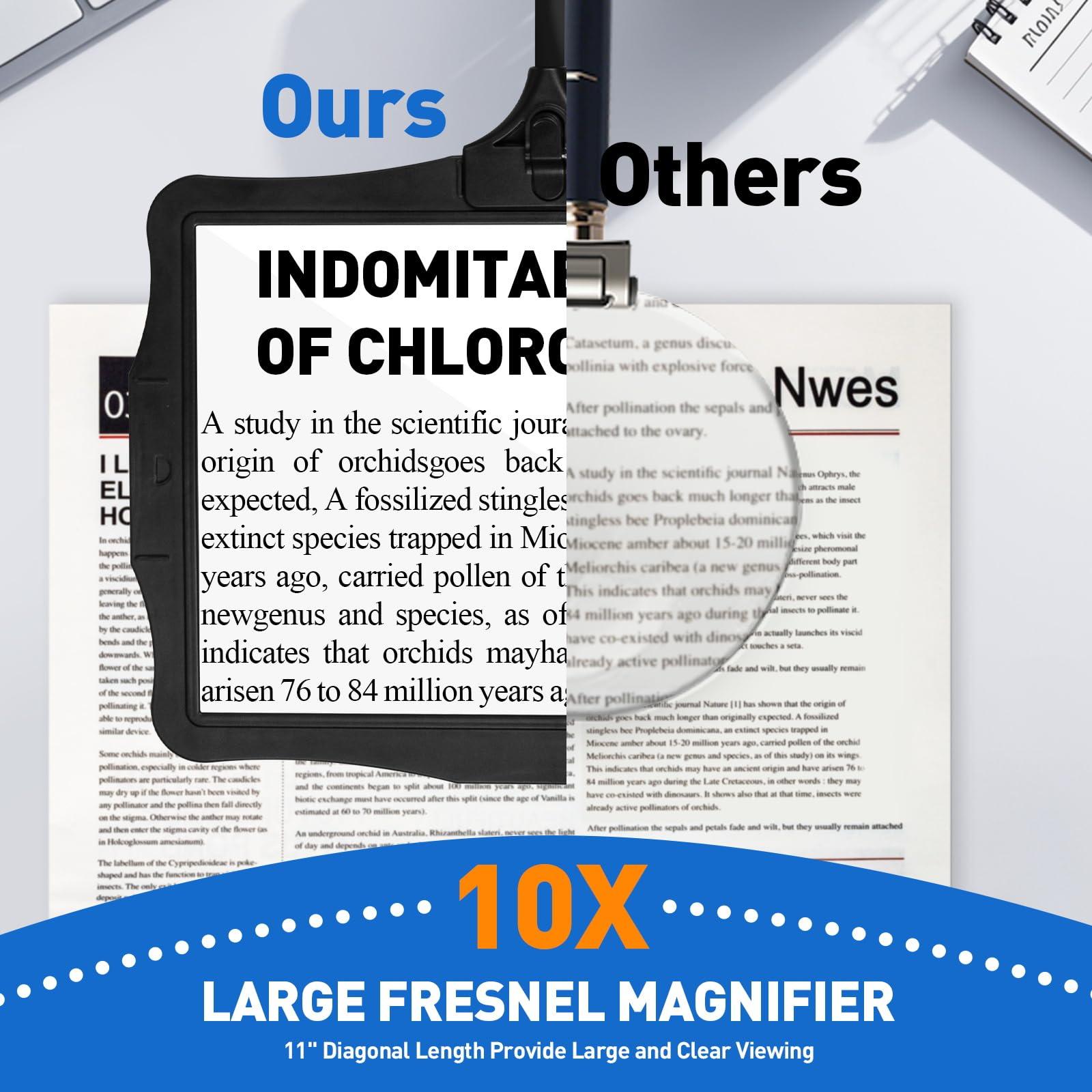 NUEYiO 10X Rechargeable Full Page Magnifier for Reading, NUEYiO 10.6*7.8\" Large Handheld Magnifying Glass with Light and Stand, 50 LED Lights & 3-IN-1 Gooseneck Magnifying Lamp for Seniors Close Work Craft