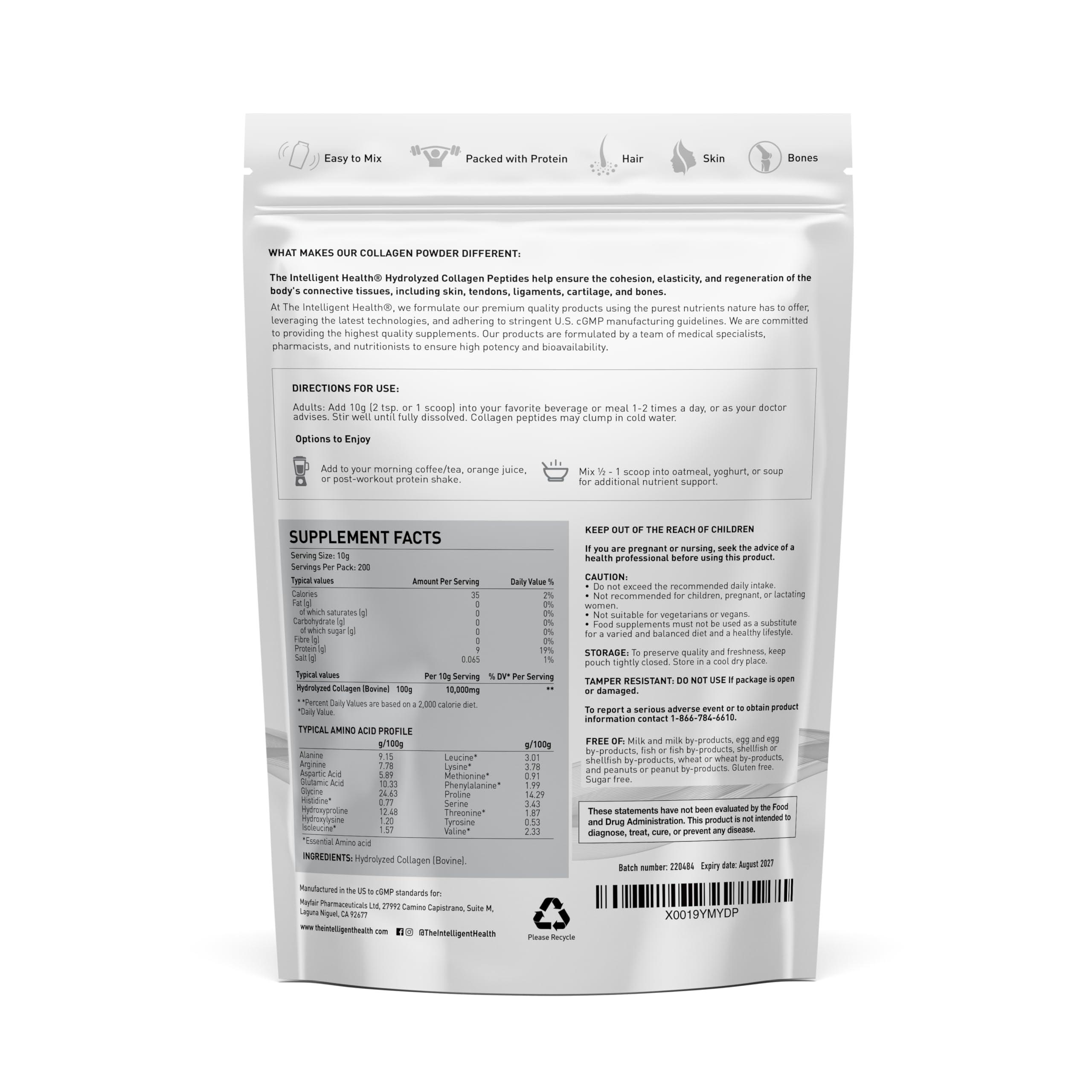 The Intelligent Health The Intelligent Health Hydrolyzed Collagen Peptides Powder, Grass Fed, High Protein, Unflavored, Gluten-Free, Paleo & Keto Friendly, 10g per Serving (2kg) Supports Skin, Hair, Nails, Joints, & Bones