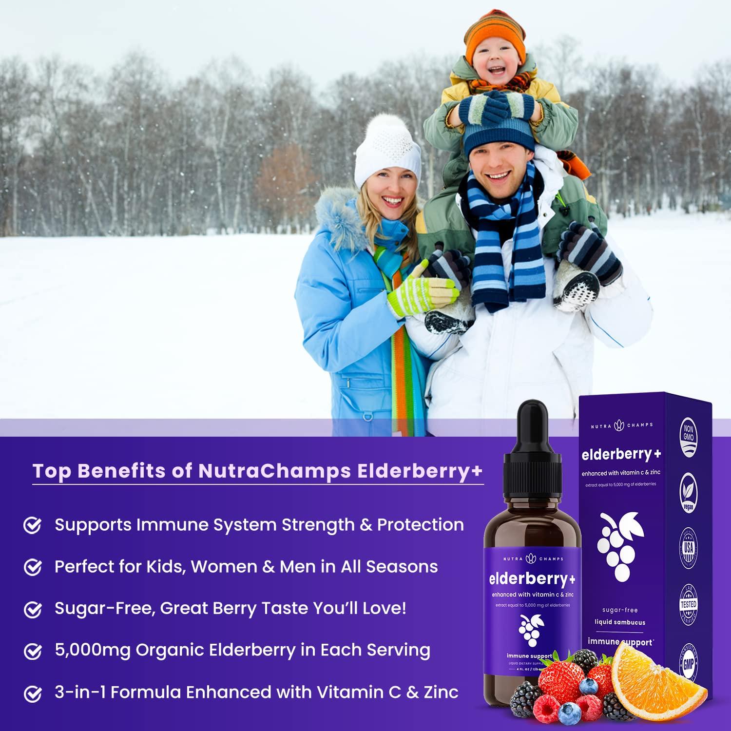 NutraChamps Organic Elderberry Syrup - 5000mg Elderberry Extract with Vitamin C & Zinc - Black Elderberry Liquid Drops - Sugar-Free Immunity Booster for Adults & Kids - Vegan, Gluten-Free Elderberry Supplement