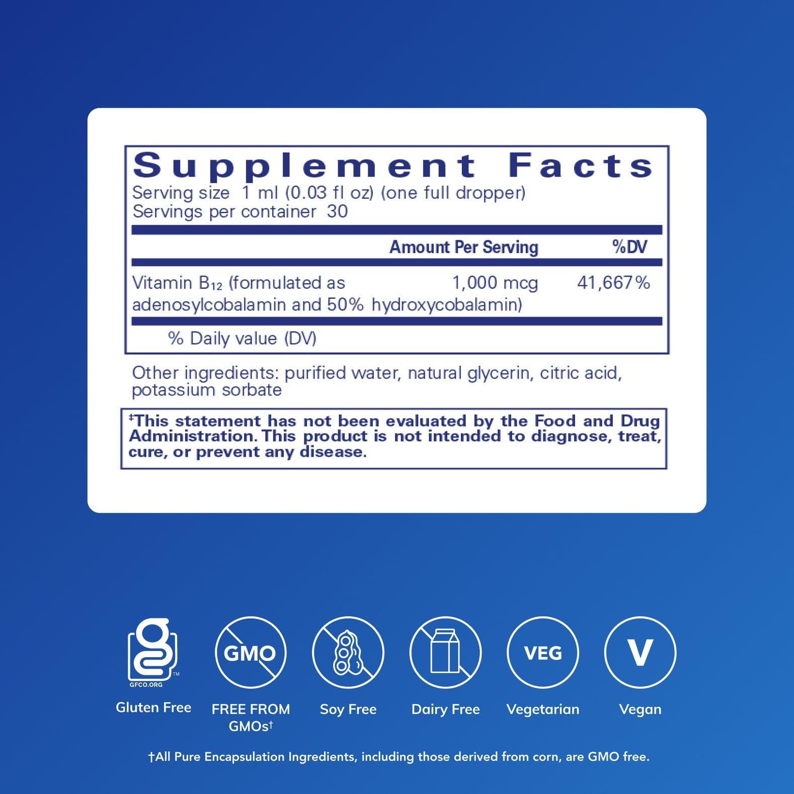 Pure Encapsulations Pure Encapsulations Adenosyl/Hydroxy B12 Liquid 30 mL - Supports Energy Metabolism & Neurological Health* - for Brain Support* - Gluten Free - Vegan - 1 Fl Oz