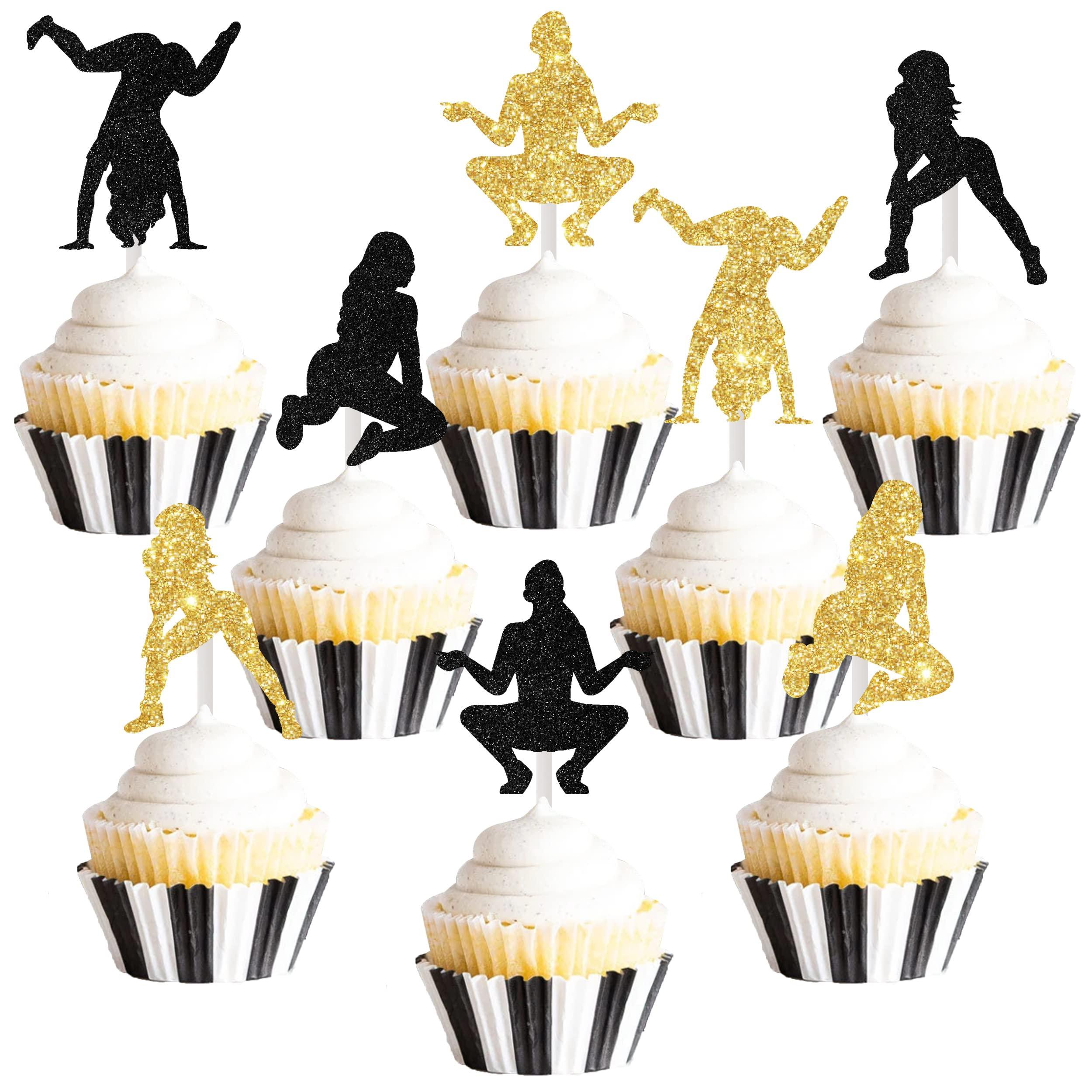 Cheereveal Cheereveal 24PCS Twerk Cupcake Toppers, Black and Gold Glitter Pole Dancing Cupcake Toppers for Funny Halloween Bachelorette Adults Birthday Party Decorations