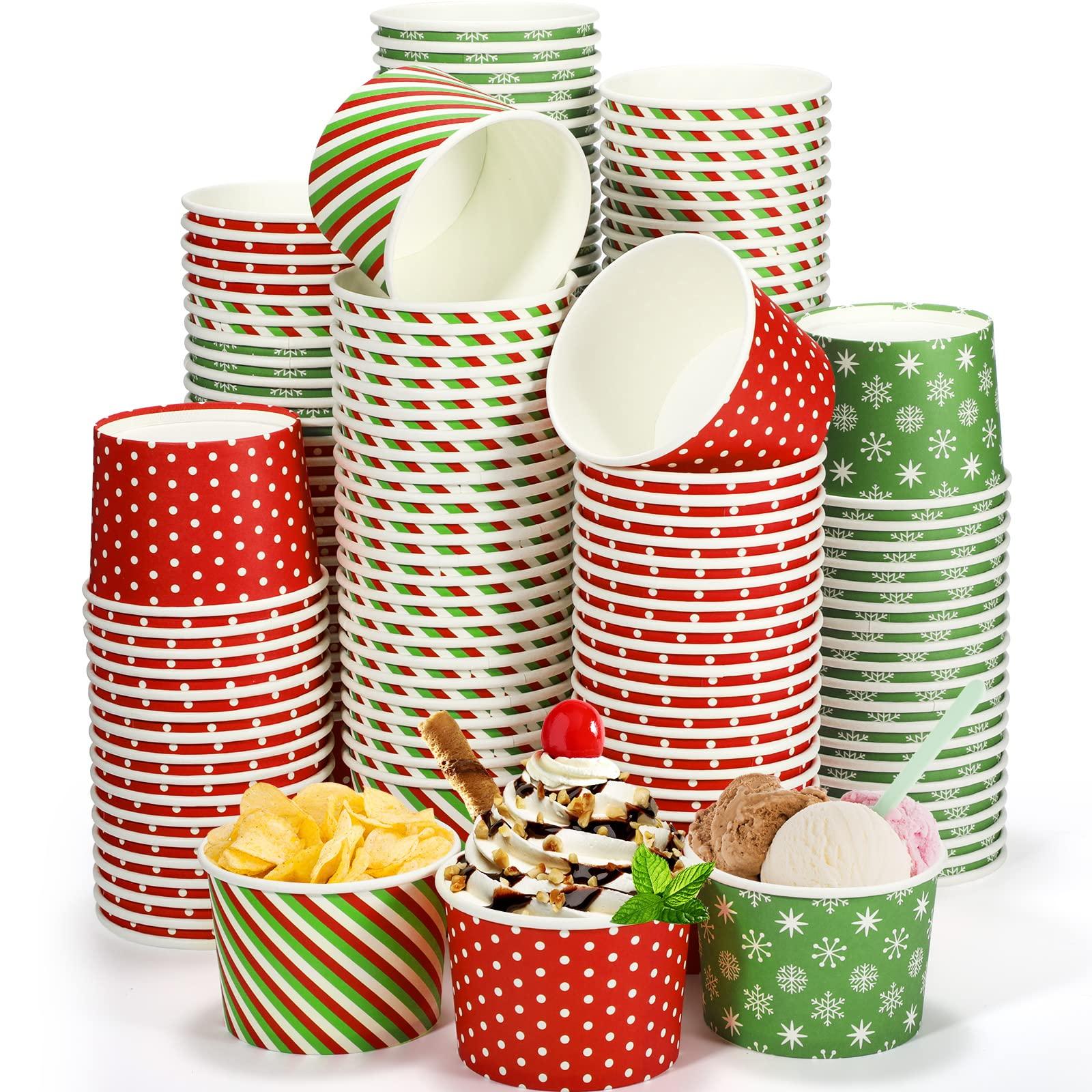 Potchen Potchen 9 oz Christmas Paper Ice Cream Cups Xmas Disposable Dessert Bowls Snack Cups Soup Cups Polka Dot Snowflake Striped Paper Bowls for Hot or Cold Food Christmas Party Supplies(180 Pcs)