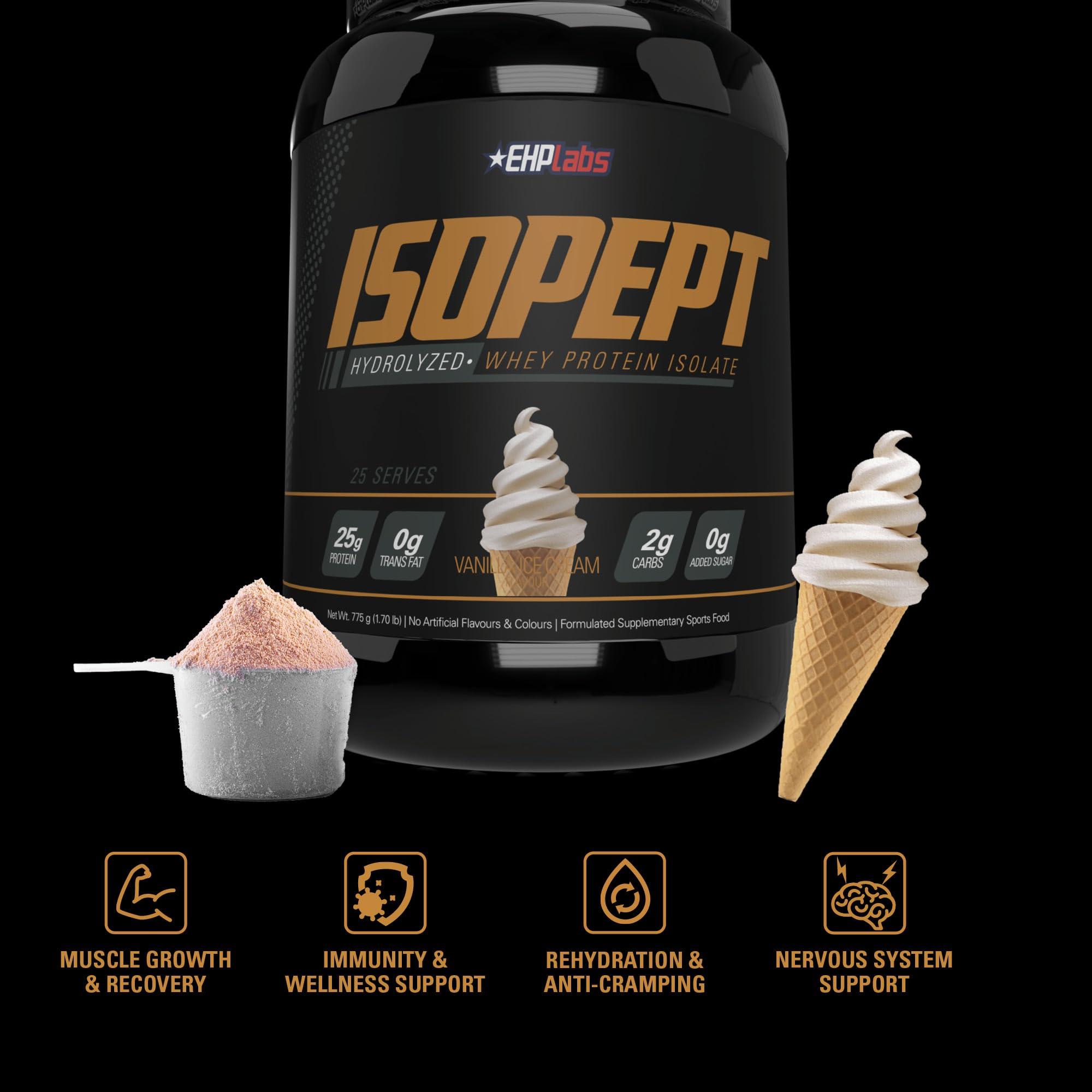 EHP Labs IsoPept Hydrolyzed Whey Protein Powder by EHPlabs - 100% Whey Protein Isolate & Hydrolysate, 27g of Protein, Non-GMO, Gluten Free, Fast Absorbing, Easy Digesting, 27 Serves (Vanilla Ice-Cream)