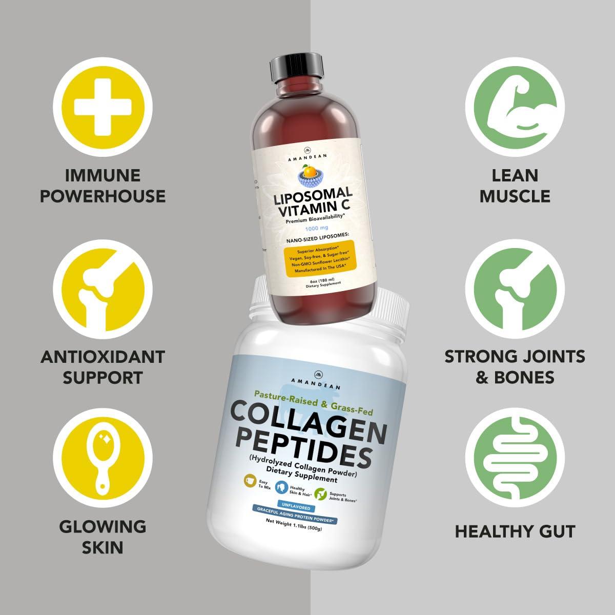 AMANDEAN AMANDEAN Premium Liposomal Vitamin C & Bovine Collagen Peptides Bundle. Powerful Antioxidant. Liquid Quali-C. Grass-Fed Collagen. Hydrolyzed Type 1 & 3. Immune Support. Healthy Skin, Hair & Nails