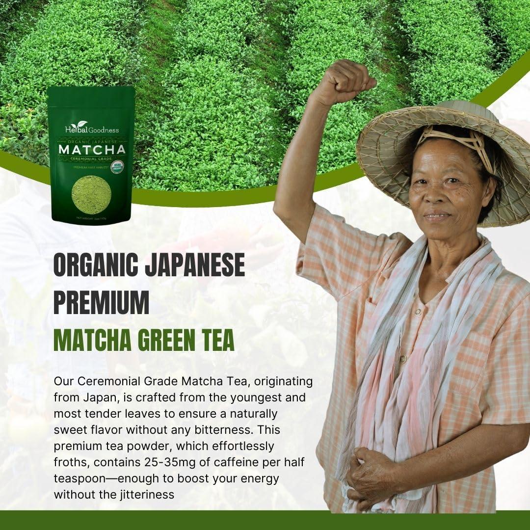 Herbal Goodness Matcha Organic Green Tea Powder - Japanese Ceremonial Grade Matcha Powder, Premium First Harvest, Matcha Tea for Health & Vitality, Non-GMO, USDA Organic Macha - 8oz/224g - Herbal Goodness